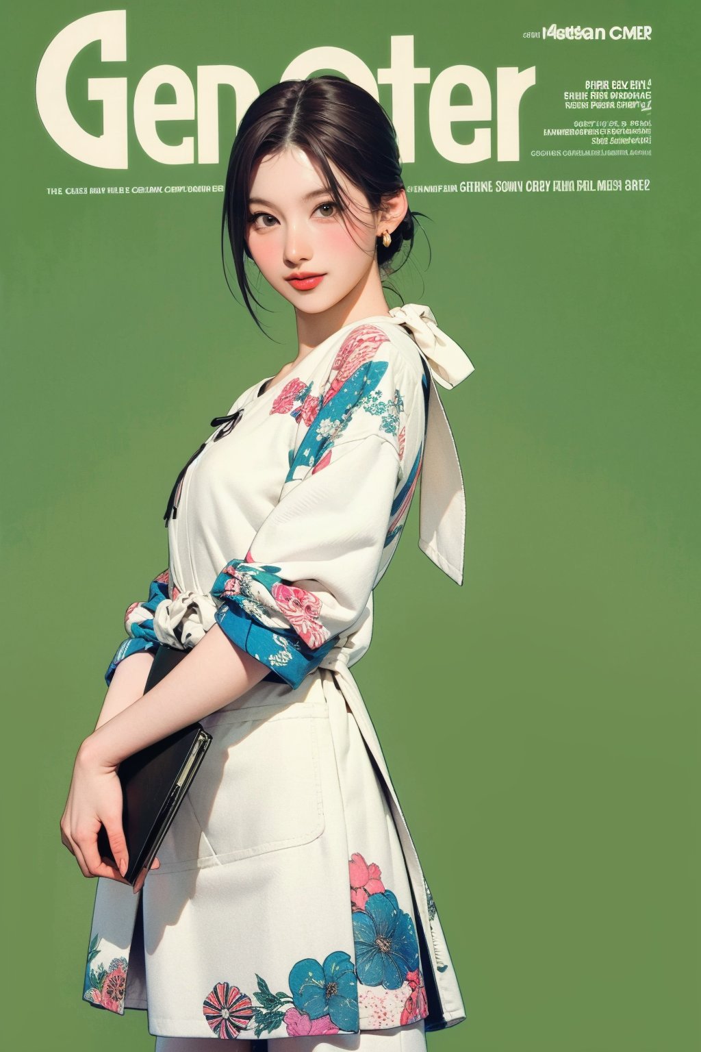 styled outfit, 1girl, standing, looking at viewer, detailed clothes, earrings, sanatw, magazine cover, green background, 2D artstyle,