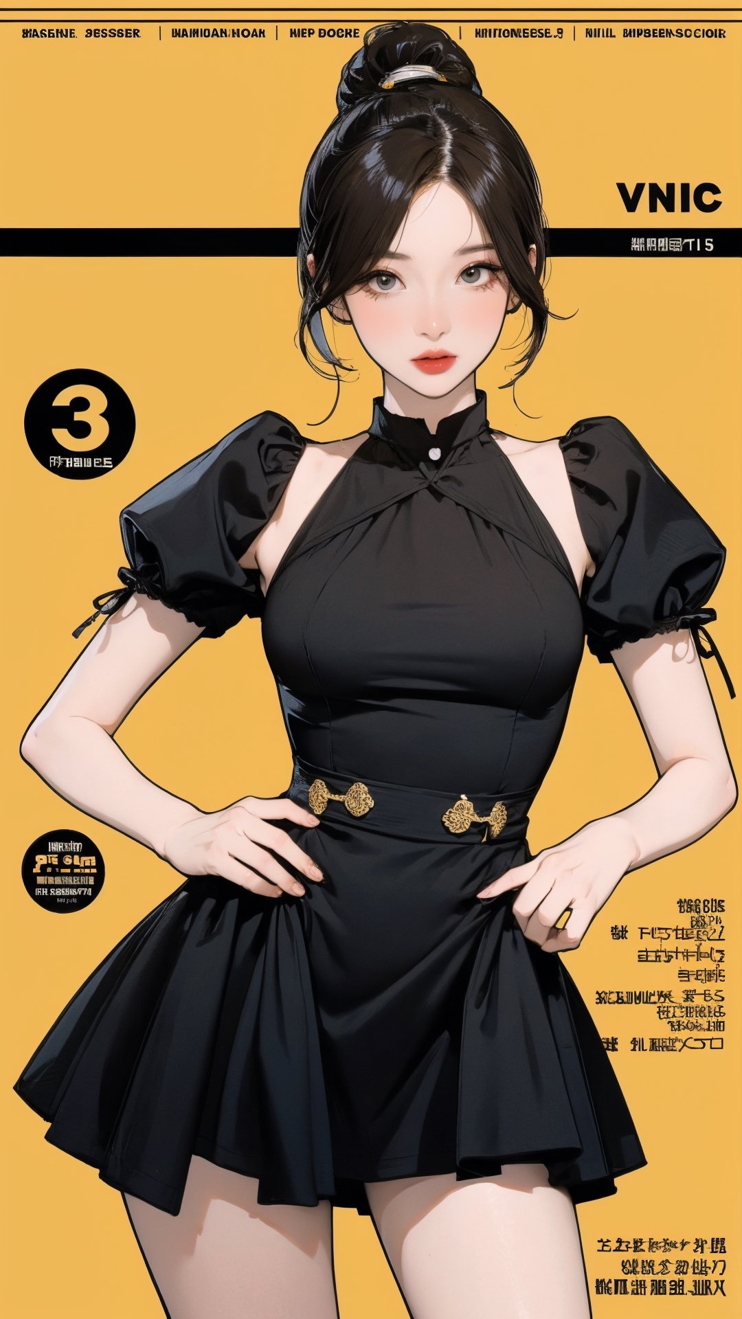 1girl, looking at viewer, thigh up body, sexy and elegant, yellow background, cutout clothing, hairstyle, cinematic composition, styled clothes,  ultra detailed, best quality, sharp focus, magazine cover, outline, 2D artstyle, htt