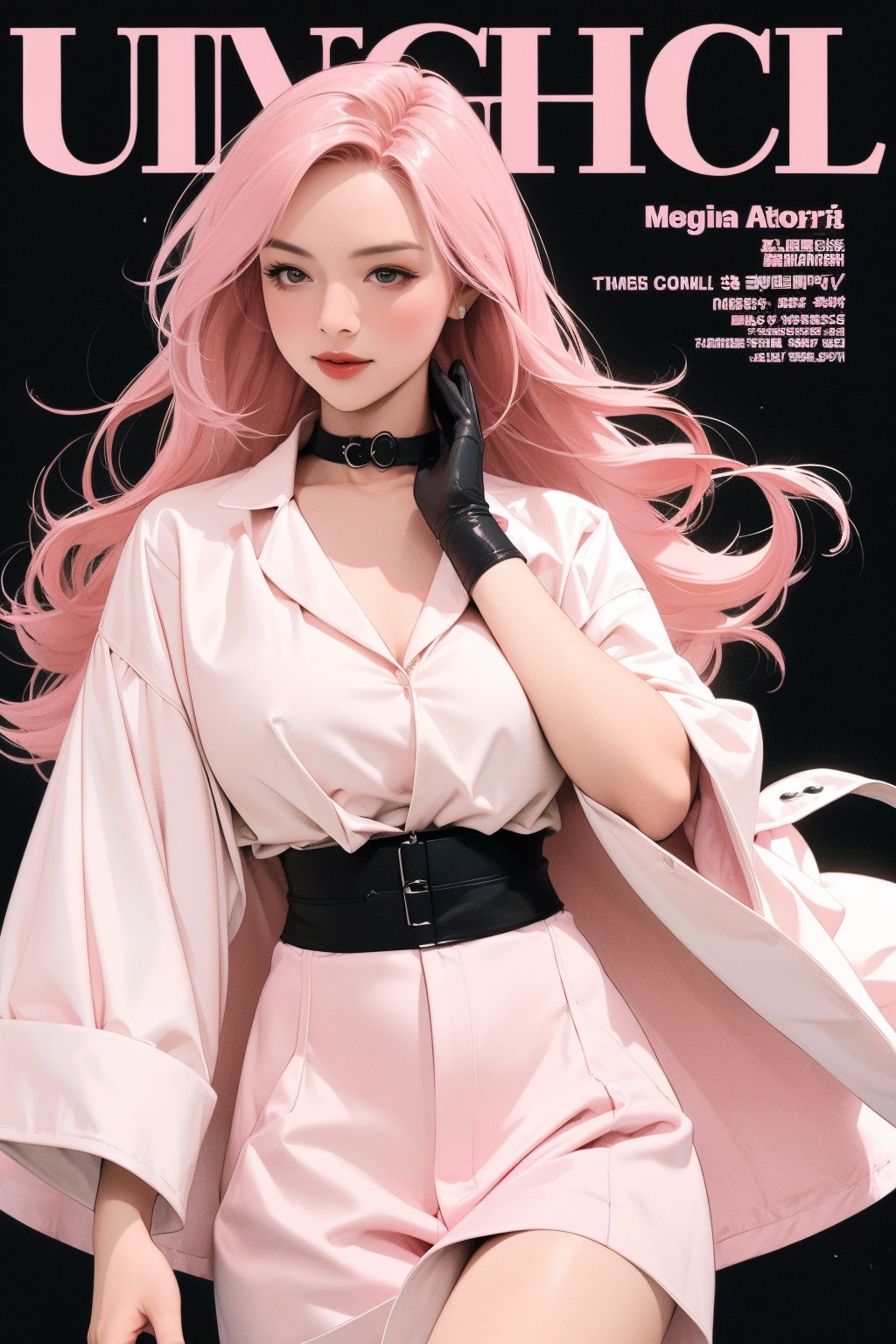 1girl, thigh up, looking at viewer, pink hair, styled clothes, ultra detail, accurate color reproduction, black background, best quality, professionally color graded, wide angle, artwork, blurring effect, professional lighting, sanatw,magazine cover,sim