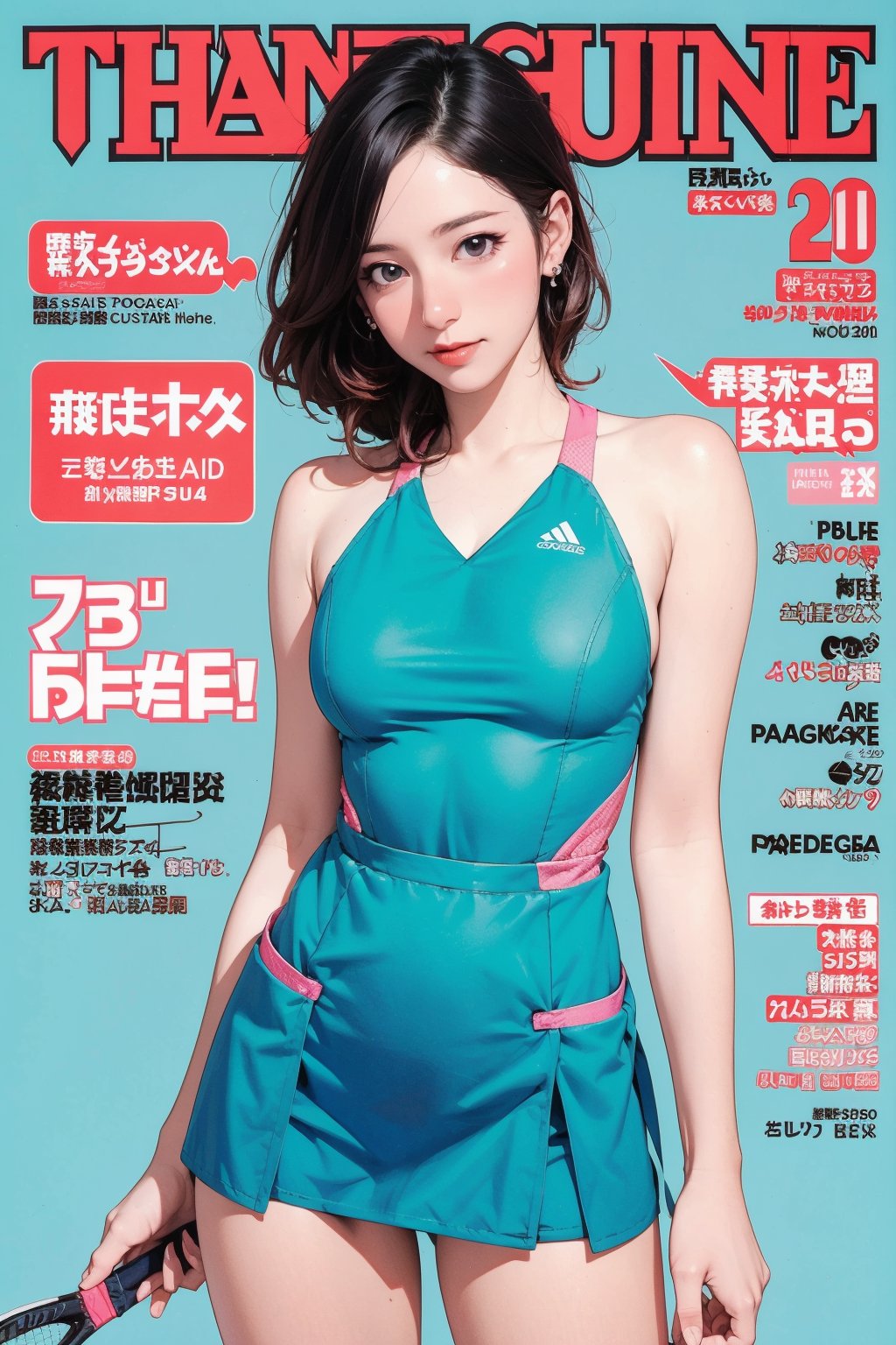 nsfw, tennis girl outfit, 1girl, blush, thigh up, looking straight at viewer, earrings, magazine cover, 2D manga artstyle, outline, blue background, hine