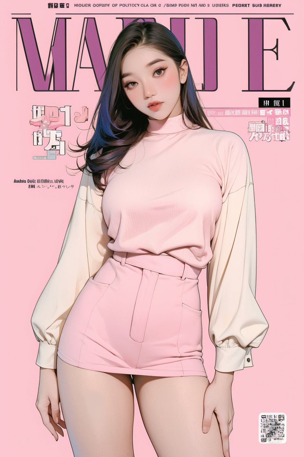 1girl, thigh up, looking at viewer, detailed clothes, accurate color reproduction, best quality, professionally color graded, artwork, blurring effect, professional lighting, sanatw, magazine cover, pink background, jisoo,chimai