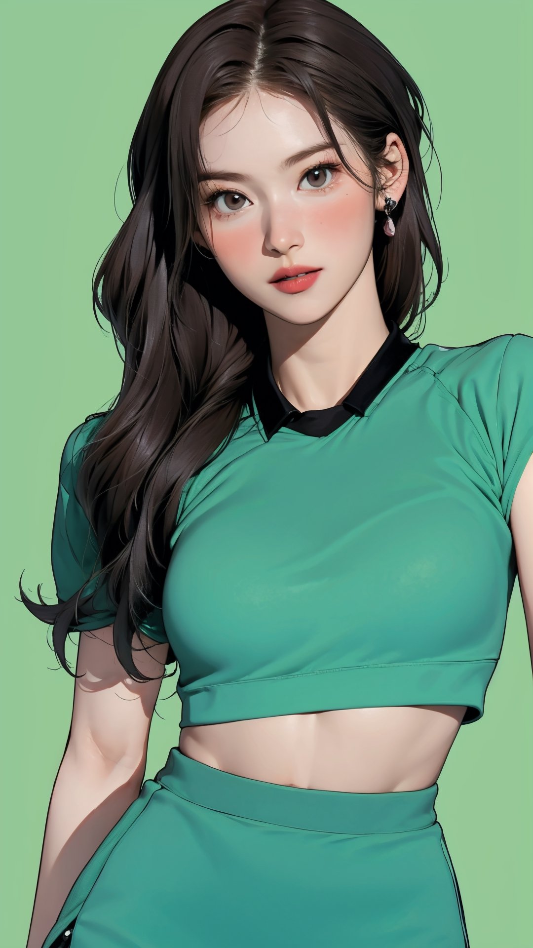 1girl, standing, thigh up body, ((looking at viewer, tennis girl outfit, center opening,)) 2D artstyle, magazine cover, outline, earings, blush, green background, hairstyle, ultra detailed, best quality, sharp focus, ,DiaSondef,sophiesw,Mia ,Anna ,mthanhh,minatw,momo,sanatw