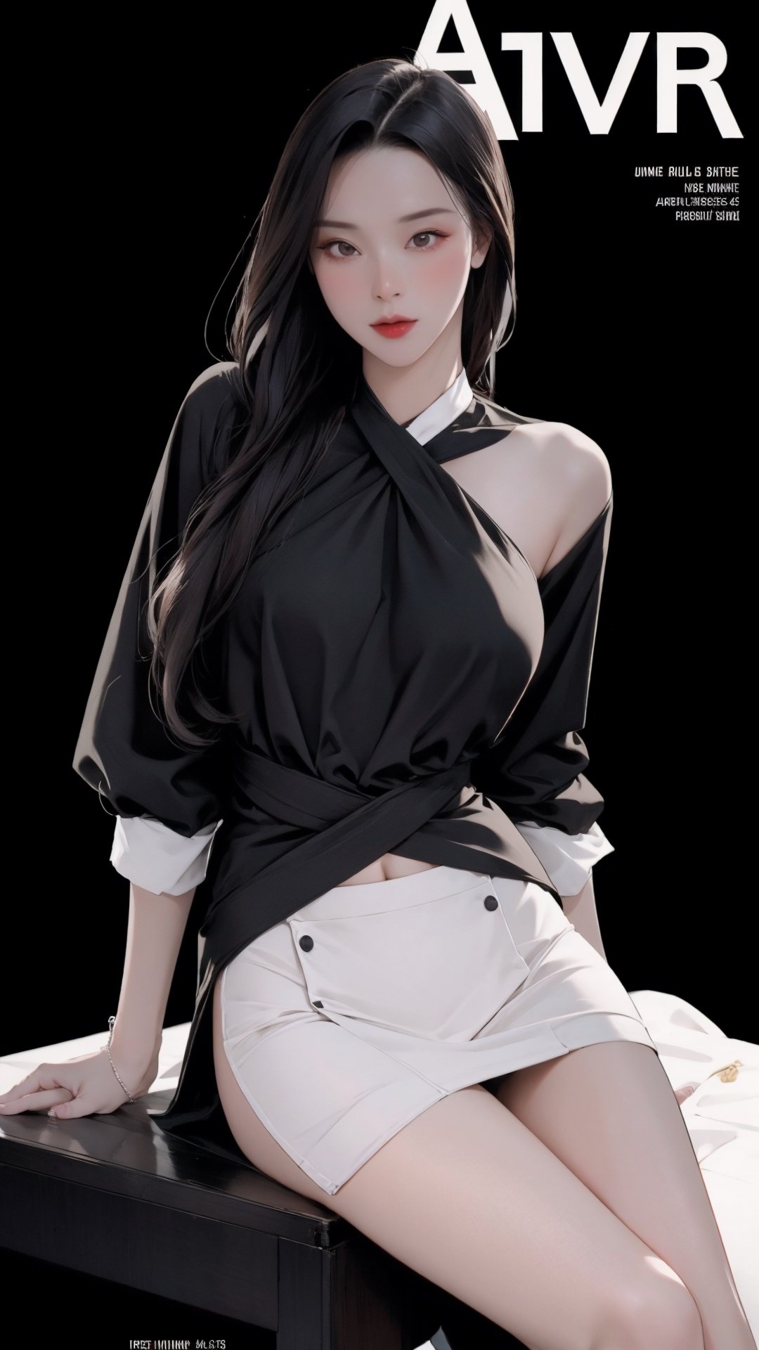 1girl, looking at viewer, thigh up body, sexy and elegant, black background, cutout clothing, hairstyle, cinematic composition, styled clothes,  ultra detailed, best quality, sharp focus, magazine cover, outline, 2D artstyle, htt,haohaoulz