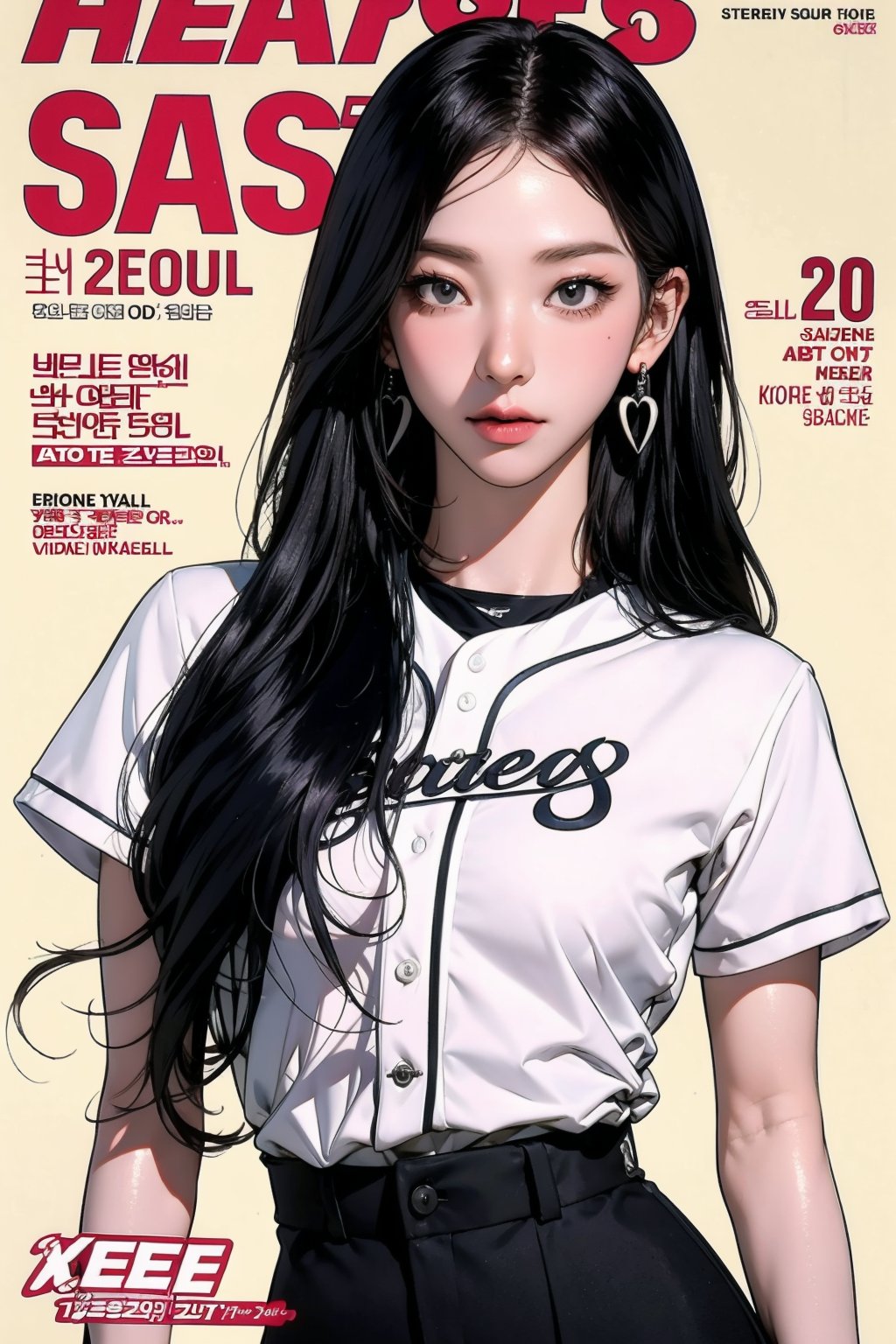 1girl, ((baseball girl outfit,)) hip up, detailed clothes, earrings, looking at viewer, aespakarina, magazine cover,