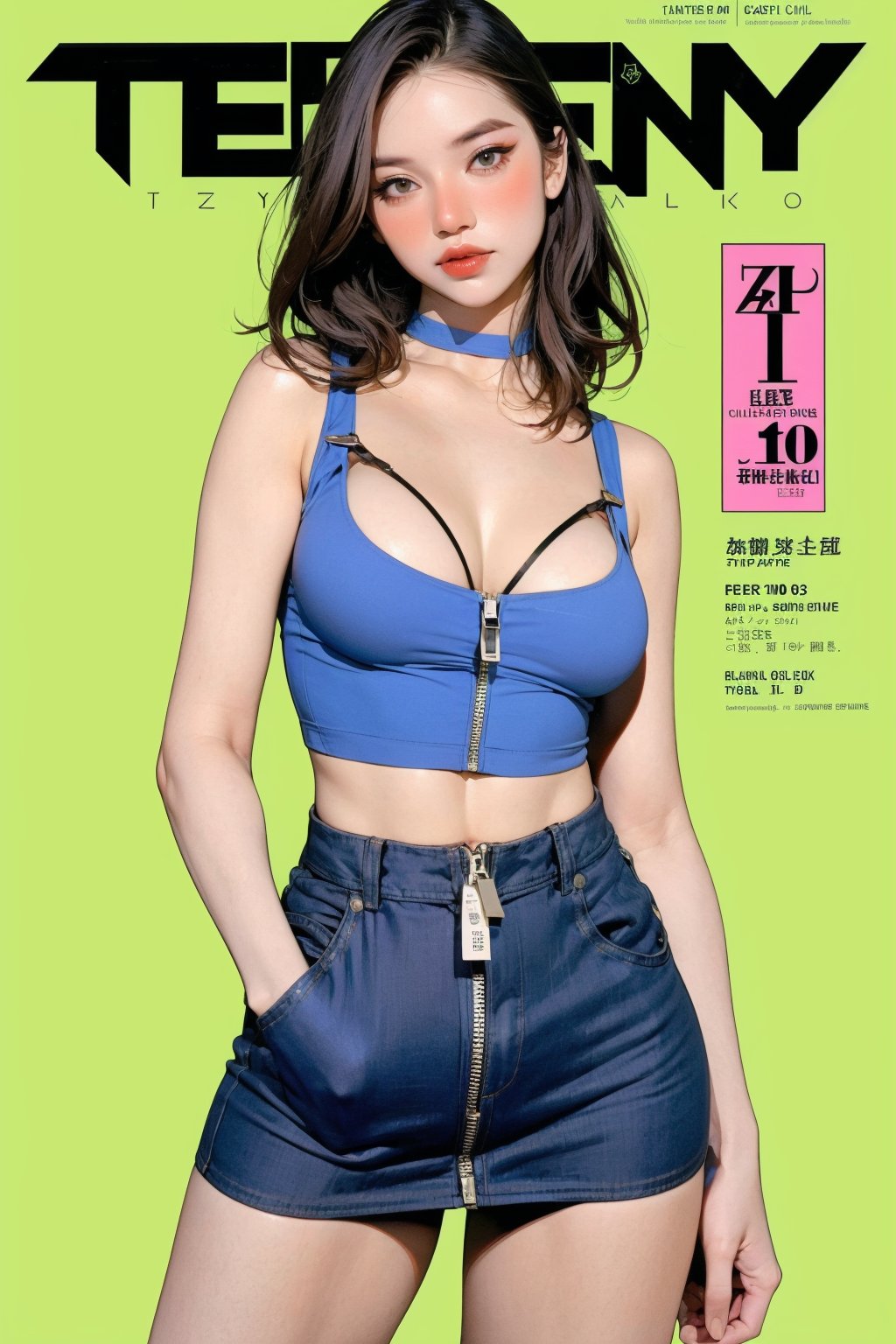 1girl, standing, looking at viewer, styled clothes, turtle neck croptop, cleavage, sleeveless, zipped mini skirt, ((thighs_choker,)) hairstyle, sharp focus, magazine cover, coloful background, 2D artstyle, outline, chimai,