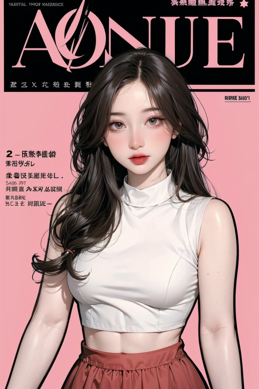 1girl, looking at viewer, styled clothes, turtle neck croptop, sleeveless, hairstyle, sharp focus, magazine cover, coloful background, 2D artstyle, outline, 

chimai,hine,hakil,yuong01,johyun