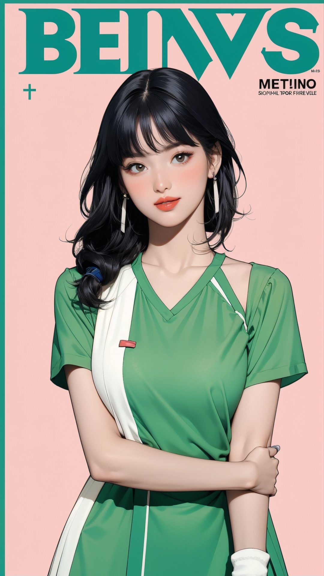 1girl, standing, thigh up body, ((looking at viewer, tennis girl outfit, center opening,)) 2D artstyle, magazine cover, outline, earings, blush, green background, hairstyle, ultra detailed, best quality, sharp focus, ,DiaSondef,sophiesw,Mia ,Anna ,mthanhh,minatw,momo