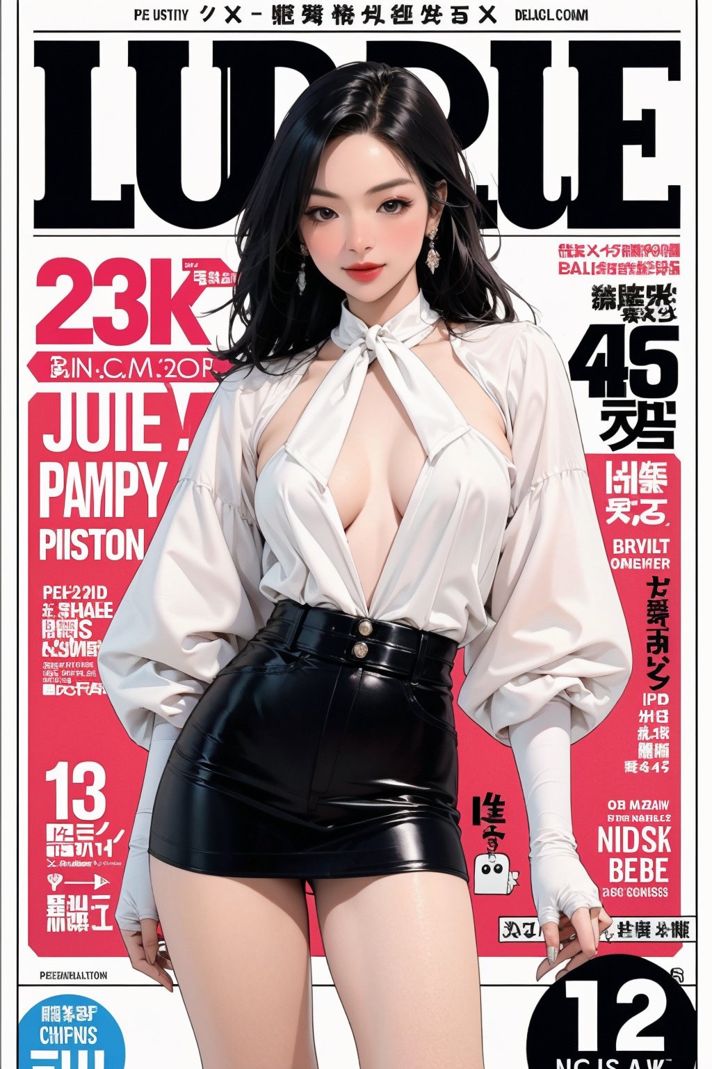 allure, lustfully, 1girl, thigh up body, detailed clothes, earrings, magazine cover, colorful, chimai