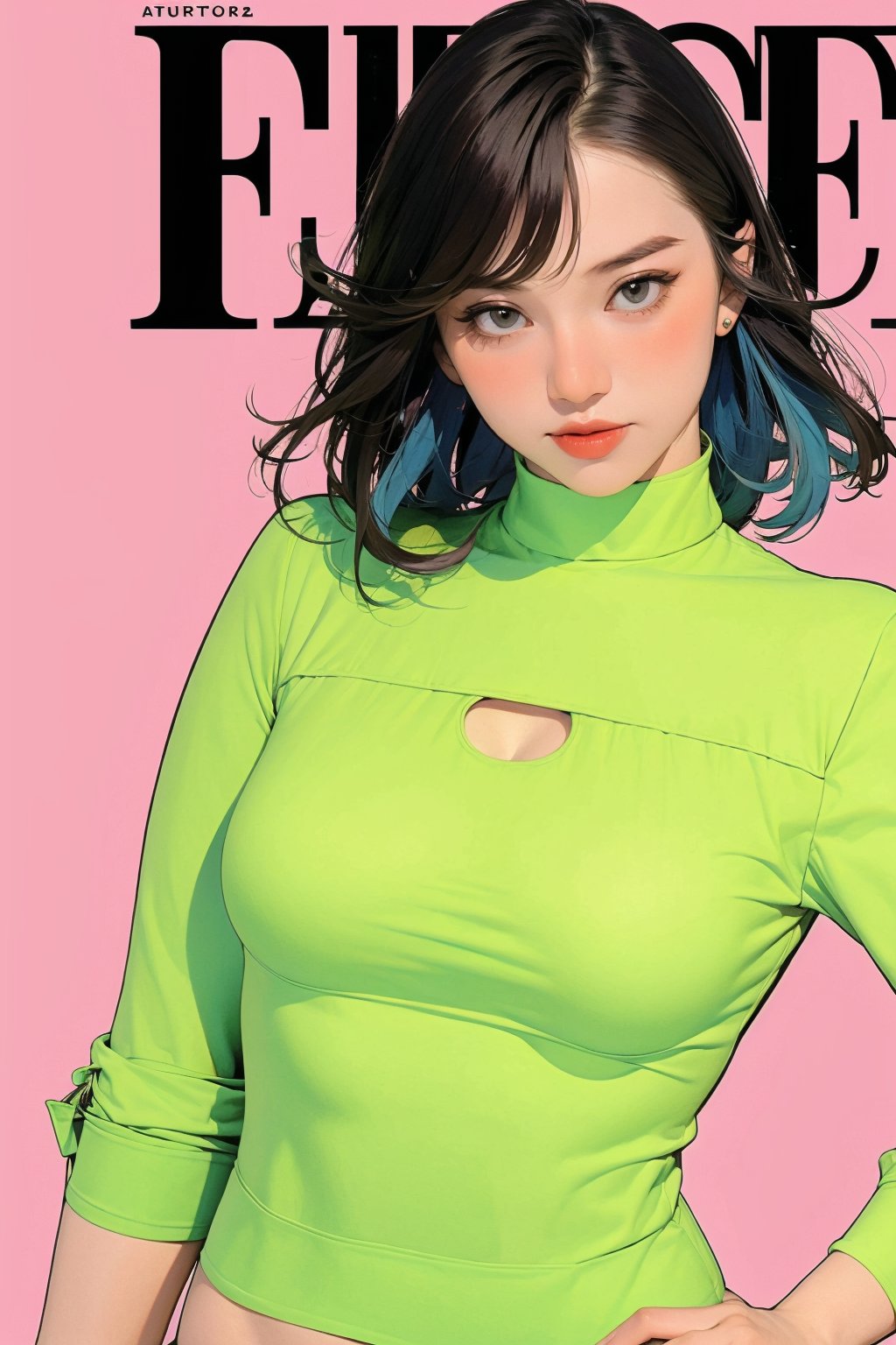 allure, 1girl, hip up body, styled clothes, cutout clothes, hairstyle, looking at viewer, sharp focus, magazine cover, coloful background, ((2D artstyle, outline,)) chimai,