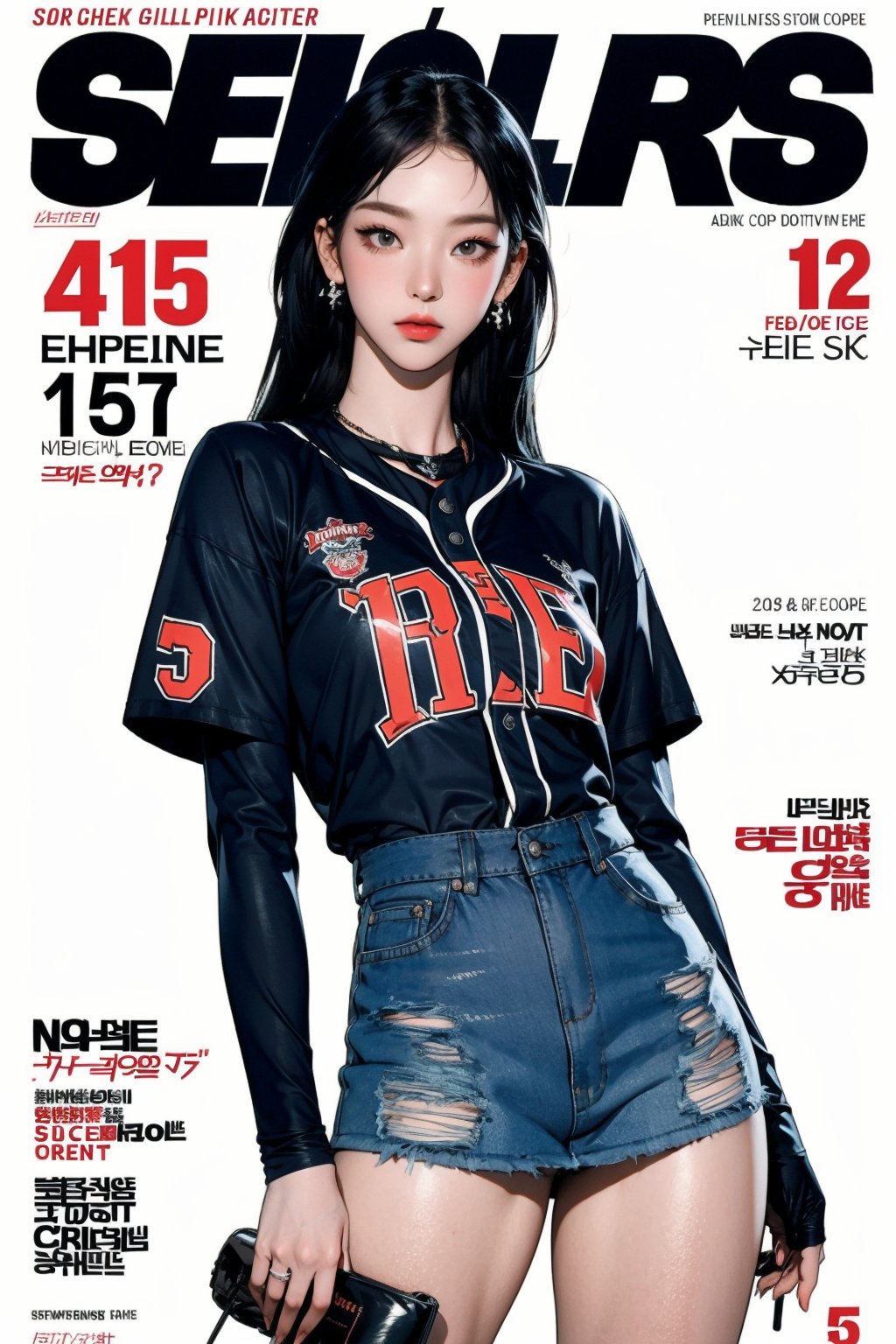 1girl, ((baseball girl outfit,)) thigh up, detailed clothes, earrings, looking at viewer, aespakarina, magazine cover,