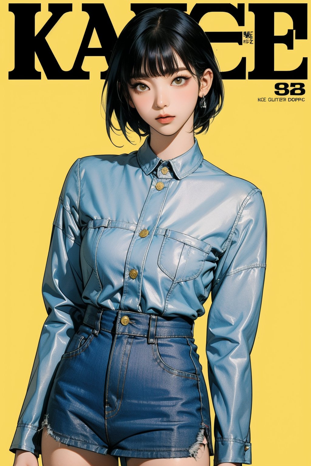 1girl, thigh up body, detailed clothes, kpop idol, short length hair, 2_braided_hair, blunt bangs, looking at viewer, sharp focus, magazine cover, yellow background, ((outline,)) chimai, aespakarina,sanatw