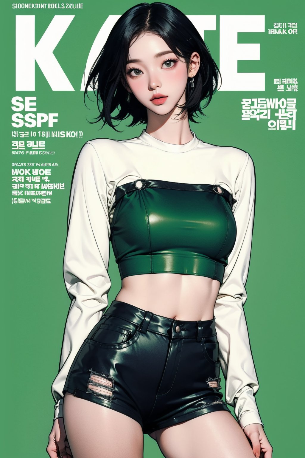 1girl, thigh up body, detailed clothes, kpop idol, hairstyle, croptop, looking at viewer, sharp focus, magazine cover, green background, ((outline,)) chimai, aespakarina,sanatw