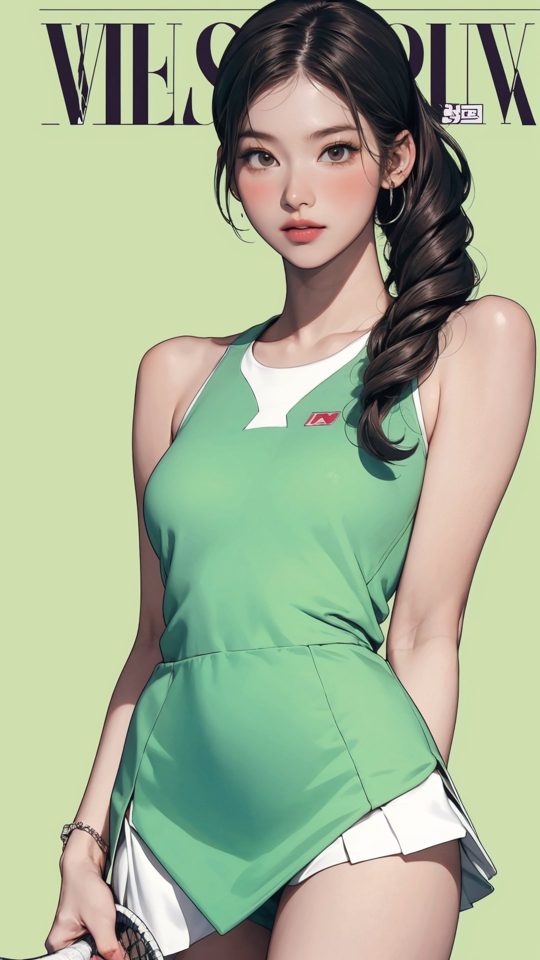 1girl, standing, thigh up body, ((looking at viewer, tennis girl outfit, center opening,)) 2D artstyle, magazine cover, outline, earings, blush, green background, hairstyle, ultra detailed, best quality, sharp focus, ,DiaSondef,sophiesw,Mia ,Anna ,mthanhh,minatw,momo,sanatw