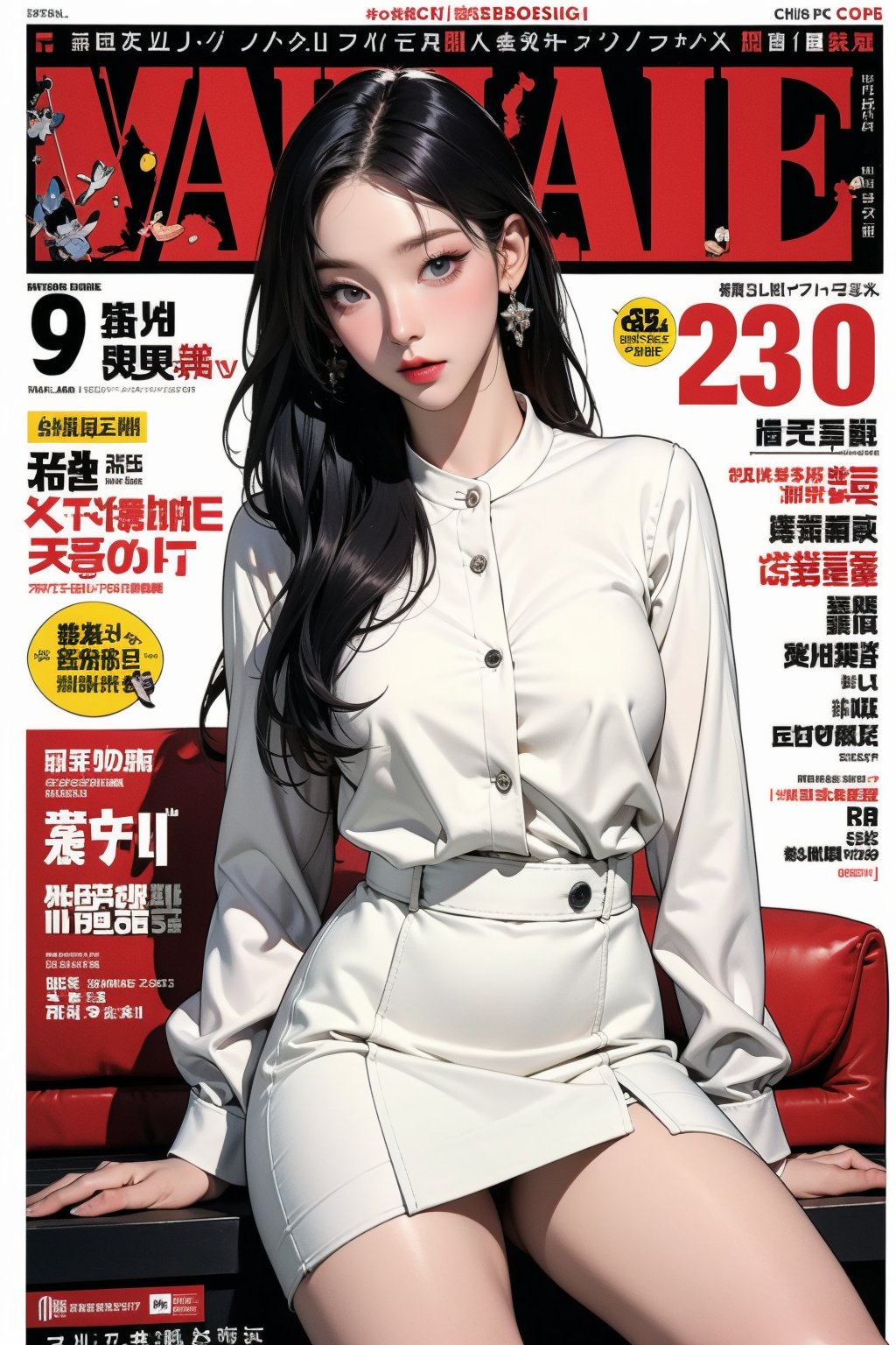 allure, 1girl, flight attendant, thigh up body, styled detailed clothes, looking at viewer, sharp focus, magazine cover, chimai,