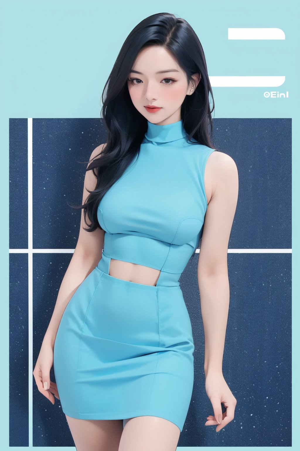 1girl, thigh up, standing, looking at viewer, detailed clothes, styled cutout turtleneck body shirt, sleeveless, miniskirt, accurate color reproduction, best quality, professionally color graded, professional lighting, sanatw, magazine cover, cyan background, jisoo,chimai,miyeon,aespakarina,hakil,QA,sim