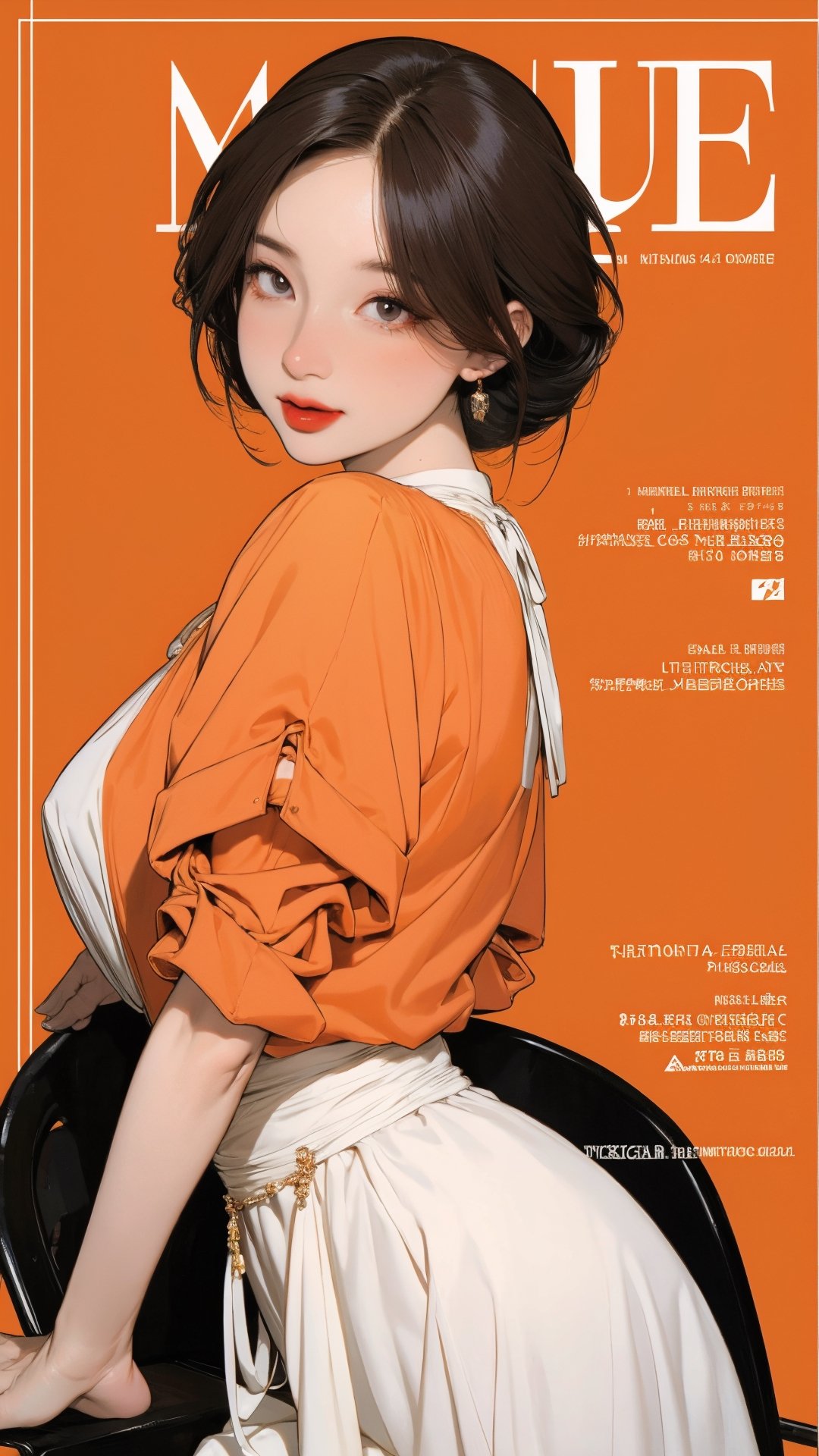 1girl, looking at viewer, thigh up body, stocking, earings, elegant and allure, nsfw, orange background, hairstyle, styled clothes, cutout clothes, dynamic composition, ultra detailed, best quality, sharp focus, magazine cover, outline, 2D artstyle,aespakarina,htt