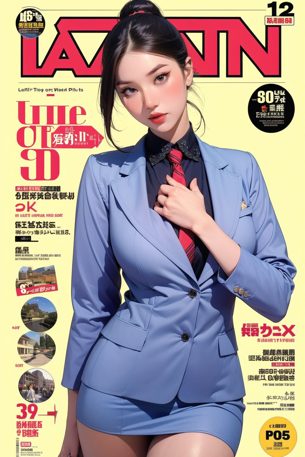 1girl, flight attendant suit, thigh up body, styled detailed clothes, looking at viewer, sharp focus, magazine cover, color background, chimai,