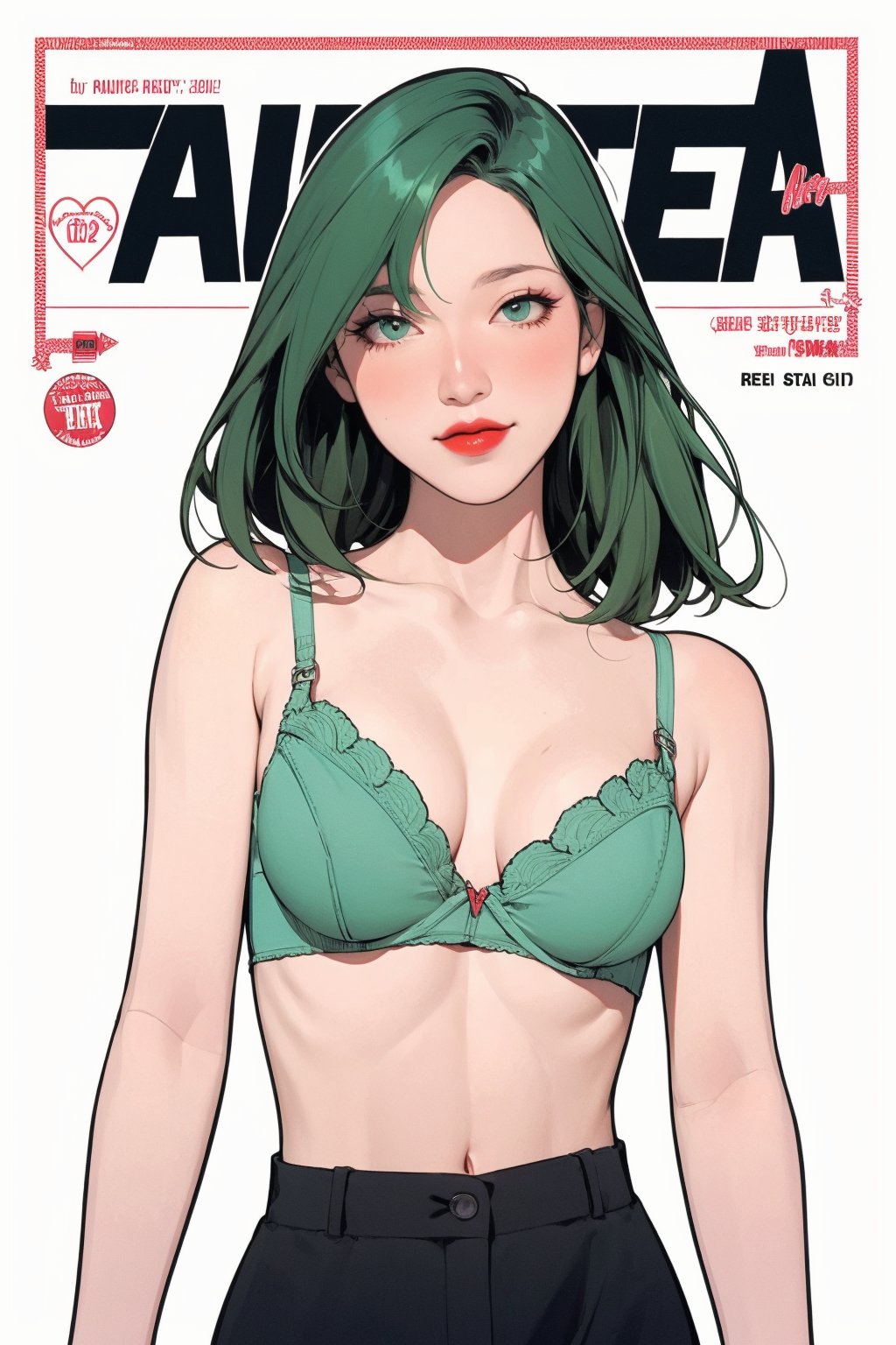 mature, lustful, allure, 1girl, green hair, red lips, eye_lens, detailed and styled clothes, styled top, bra, medium breasts, skirt, looking at viewer, best quality, masterpiece, sharp focus, hakil, magazine cover, ((outline, 2D manga artstyle,))