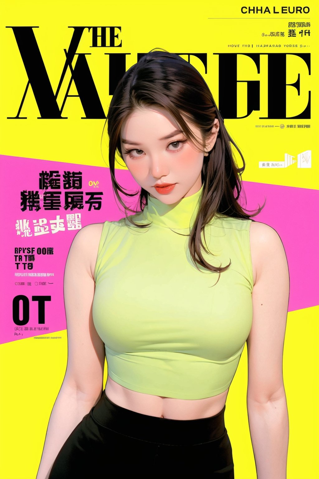 1girl, thigh up body, looking at viewer, styled clothes, turtle neck croptop, sleeveless, sharp focus, magazine cover, coloful background, 2D artstyle, outline, 

chimai,hine,hakil,yuong01,johyun,sim,haohaoulz,kn,htt