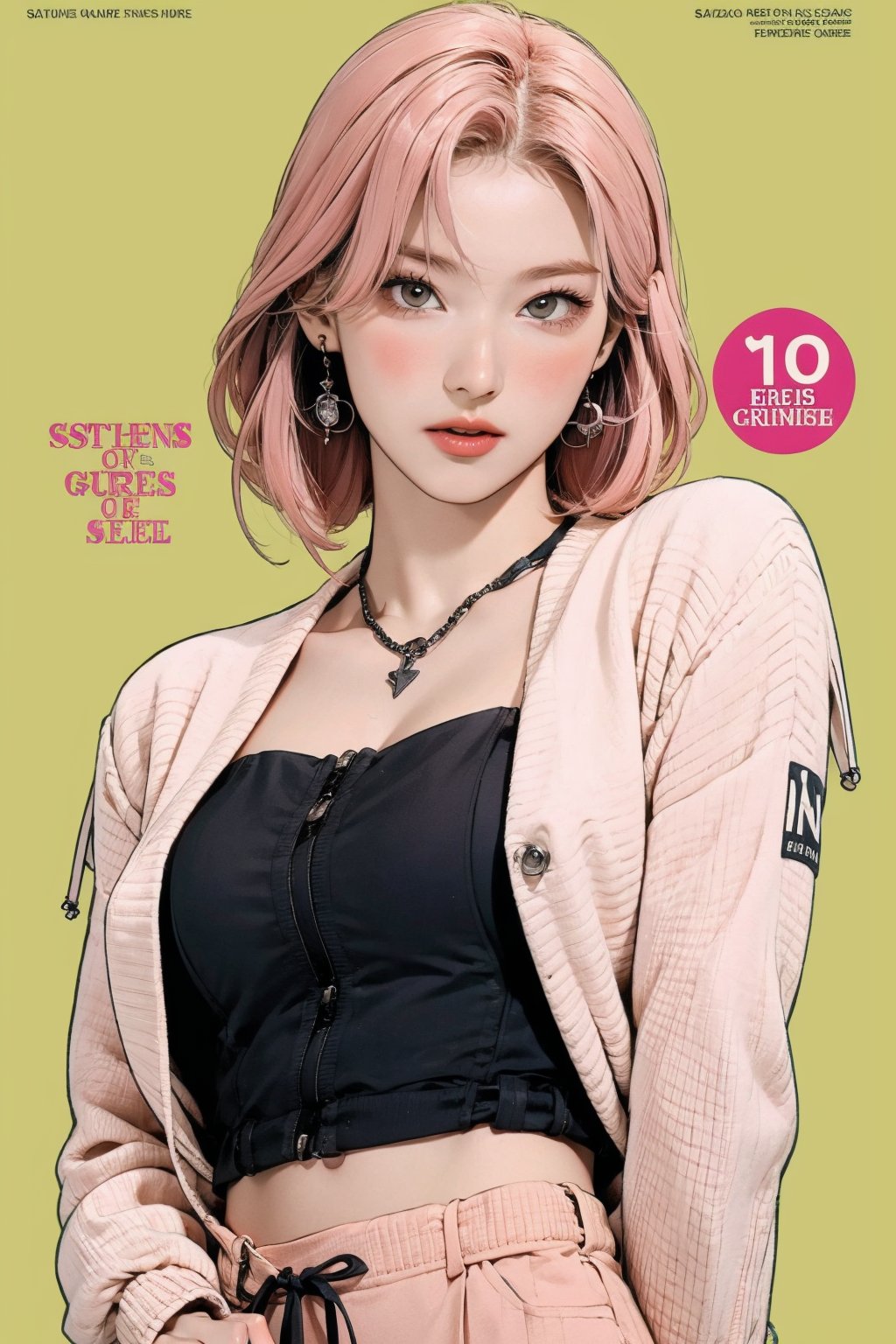 tennis girl outfit, 1girl, thigh up body, pink hair, looking at viewer, hairstyle, detailed clothes, earrings, sanatw, magazine cover, green background,