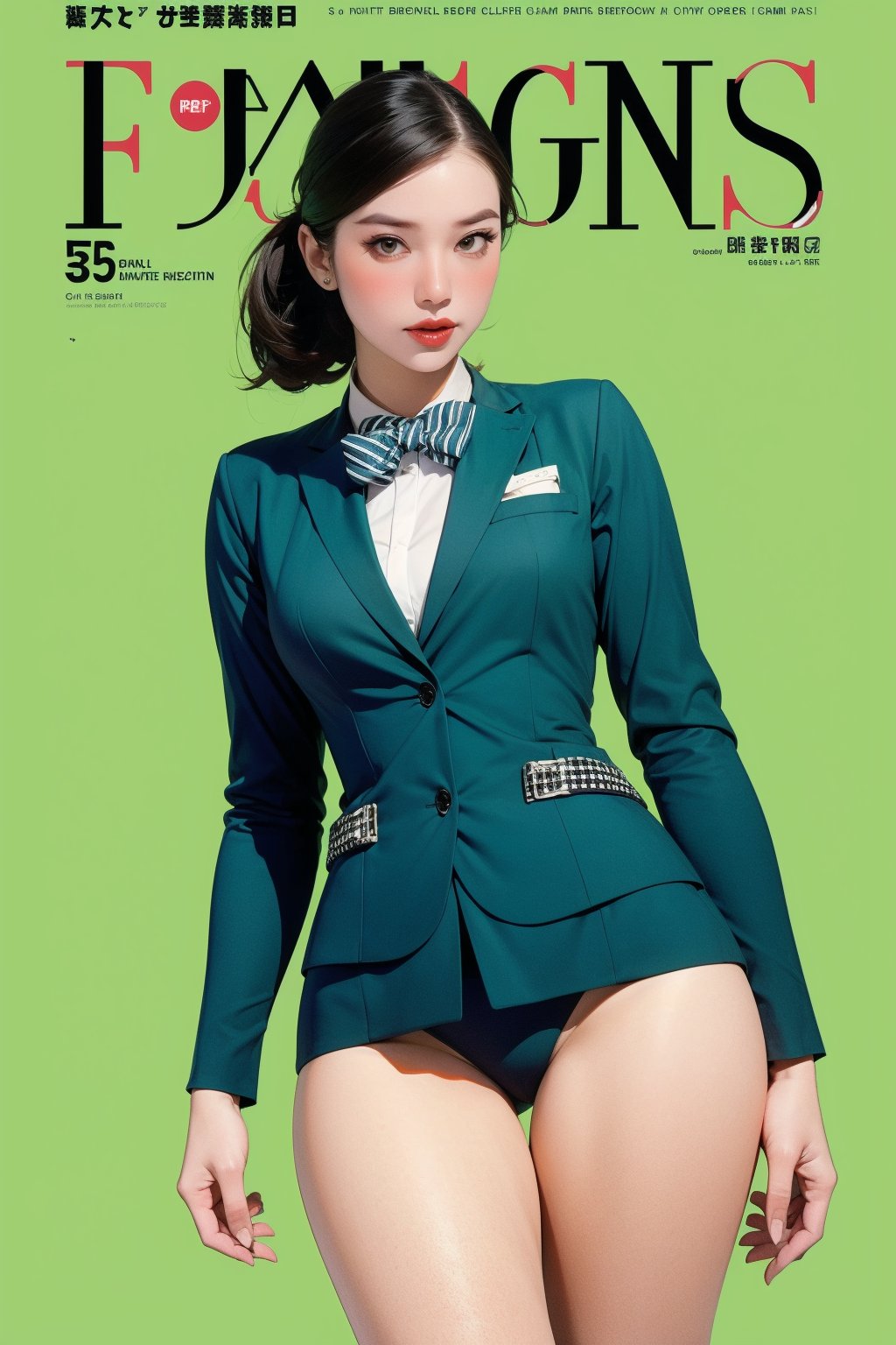 1girl, ((flight attendant outfit,)) thigh up body, detailed clothes, looking at viewer, sharp focus, magazine cover, green background, chimai,