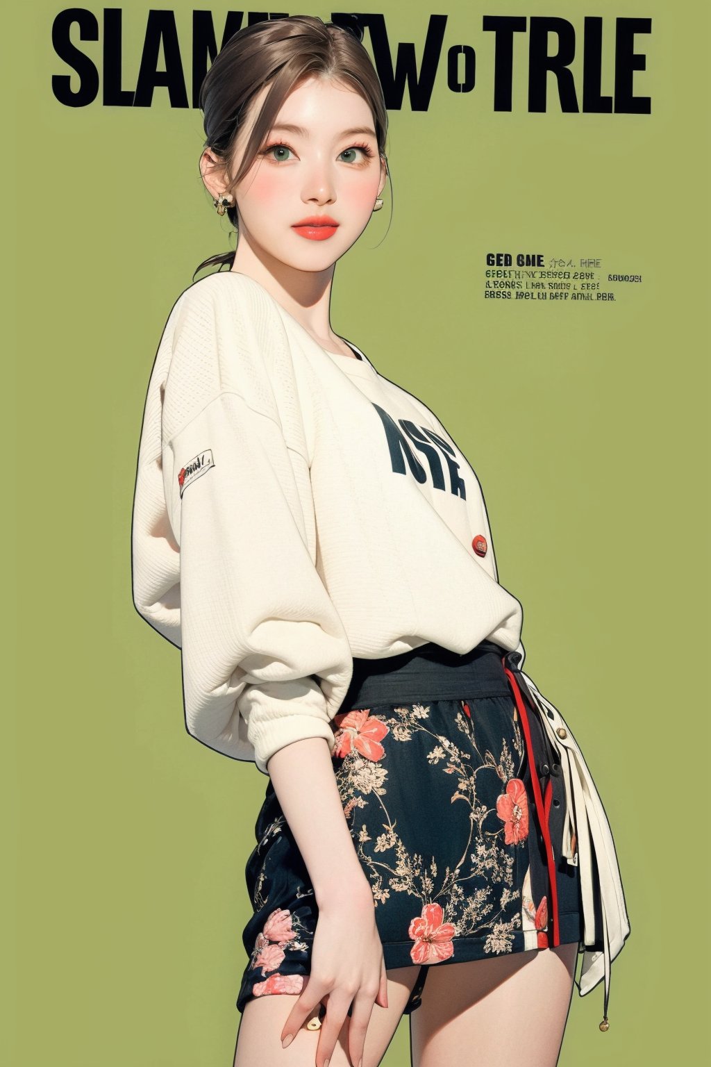 styled outfit, 1girl, standing, looking at viewer, hairstyle, detailed clothes, earrings, sanatw, magazine cover, green background, 2D artstyle,