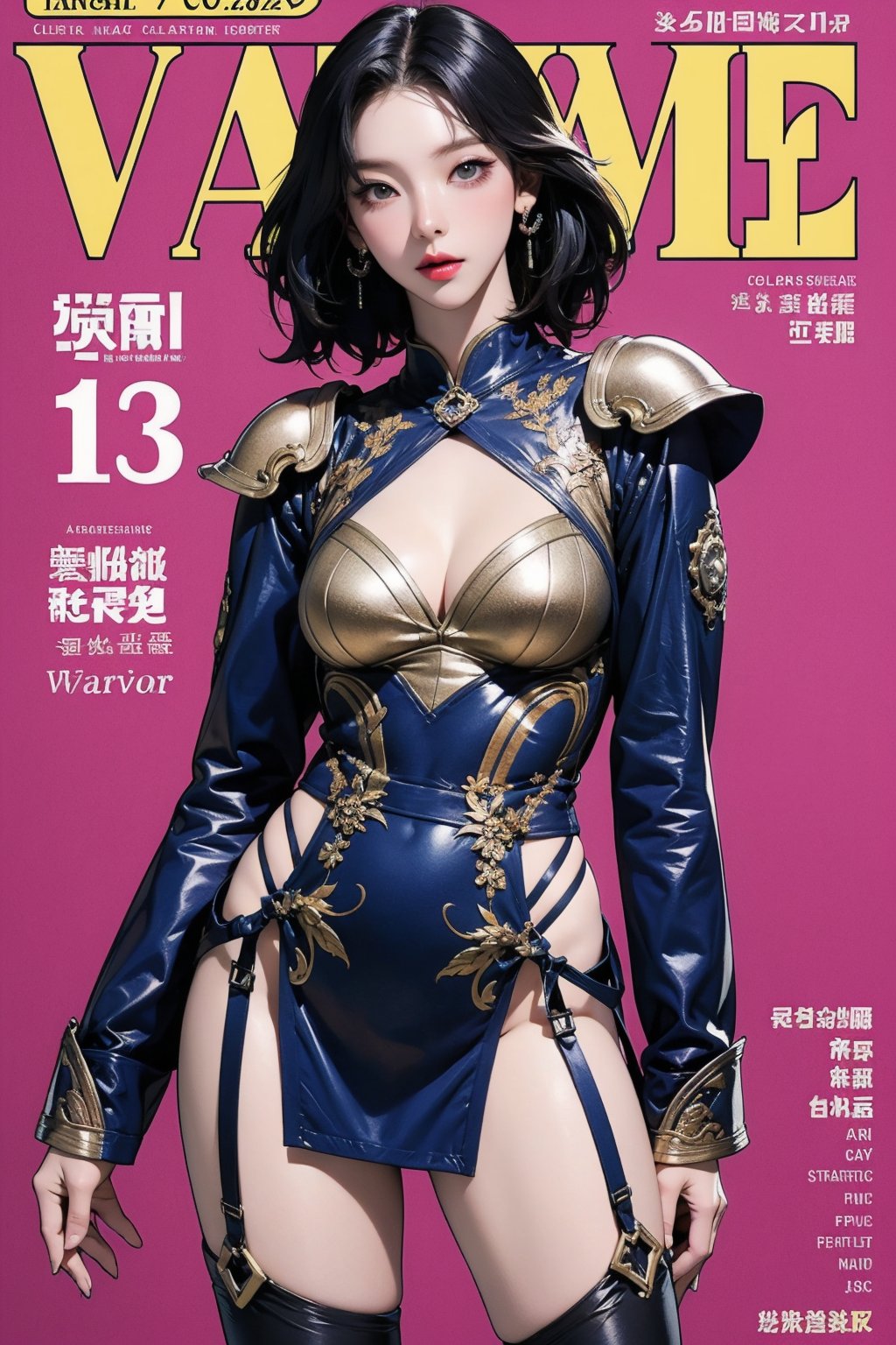 ((arc warior, )) thigh up body, standing, 1girl, looking at viewer, intricate clothes, professional lighting, different hairstyle, coloful outfit, colorful background, magazine cover, fantasy, ancient, armor, aespakarina, 