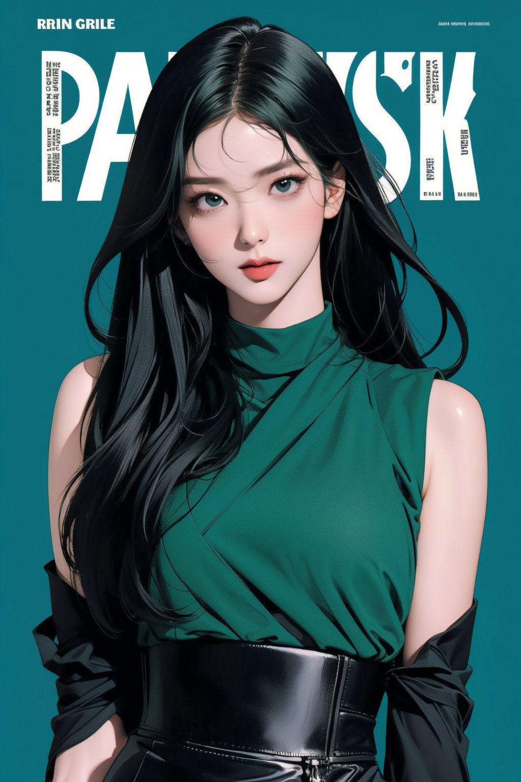 1girl, hip up, looking at viewer, detailed clothes, turtle neck shirt, sleeveless, accurate color reproduction, best quality, professionally color graded, artwork, blurring effect, professional lighting, sanatw, magazine cover, green background, jisoo