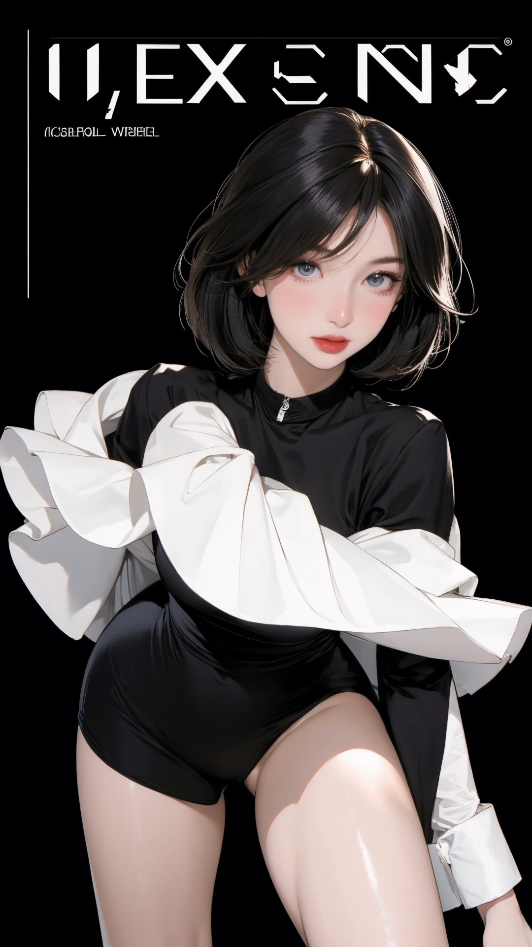 1girl, looking at viewer, thigh up body, sexy and elegant, black background, cutout clothing, hairstyle, cinematic composition, styled clothes,  ultra detailed, best quality, sharp focus, magazine cover, outline, 2D artstyle, htt