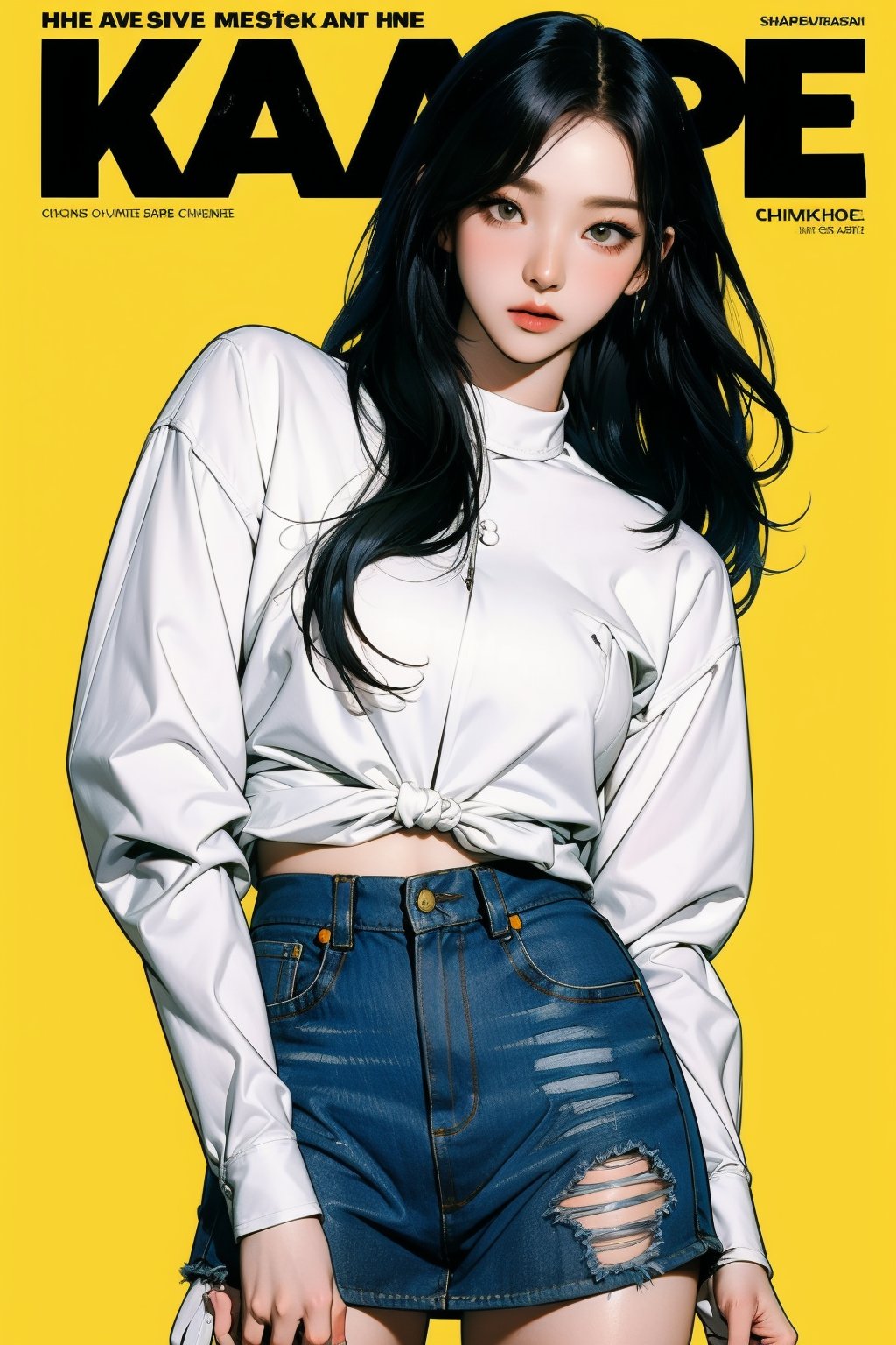 1girl, thigh up body, detailed clothes, kpop idol outfit, styled, medium hair, tied hair, looking at viewer, sharp focus, magazine cover, yellow background, ((outline,)) chimai, aespakarina,sanatw