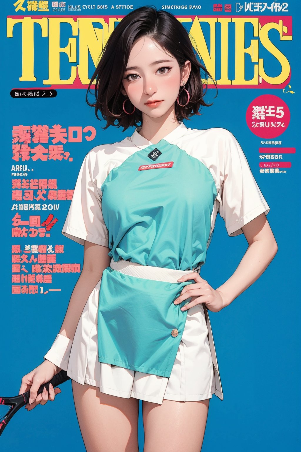 nsfw, tennis girl outfit, 1girl, blush, thigh up, looking straight at viewer, earrings, magazine cover, 2D manga artstyle, outline, blue background, hine