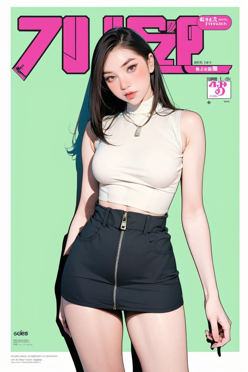 1girl, standing, looking at viewer, styled clothes, turtle neck shirt, sleeveless, zipped mini skirt, stocking, hairstyle, sharp focus, magazine cover, coloful background, 2D artstyle, outline, chimai,