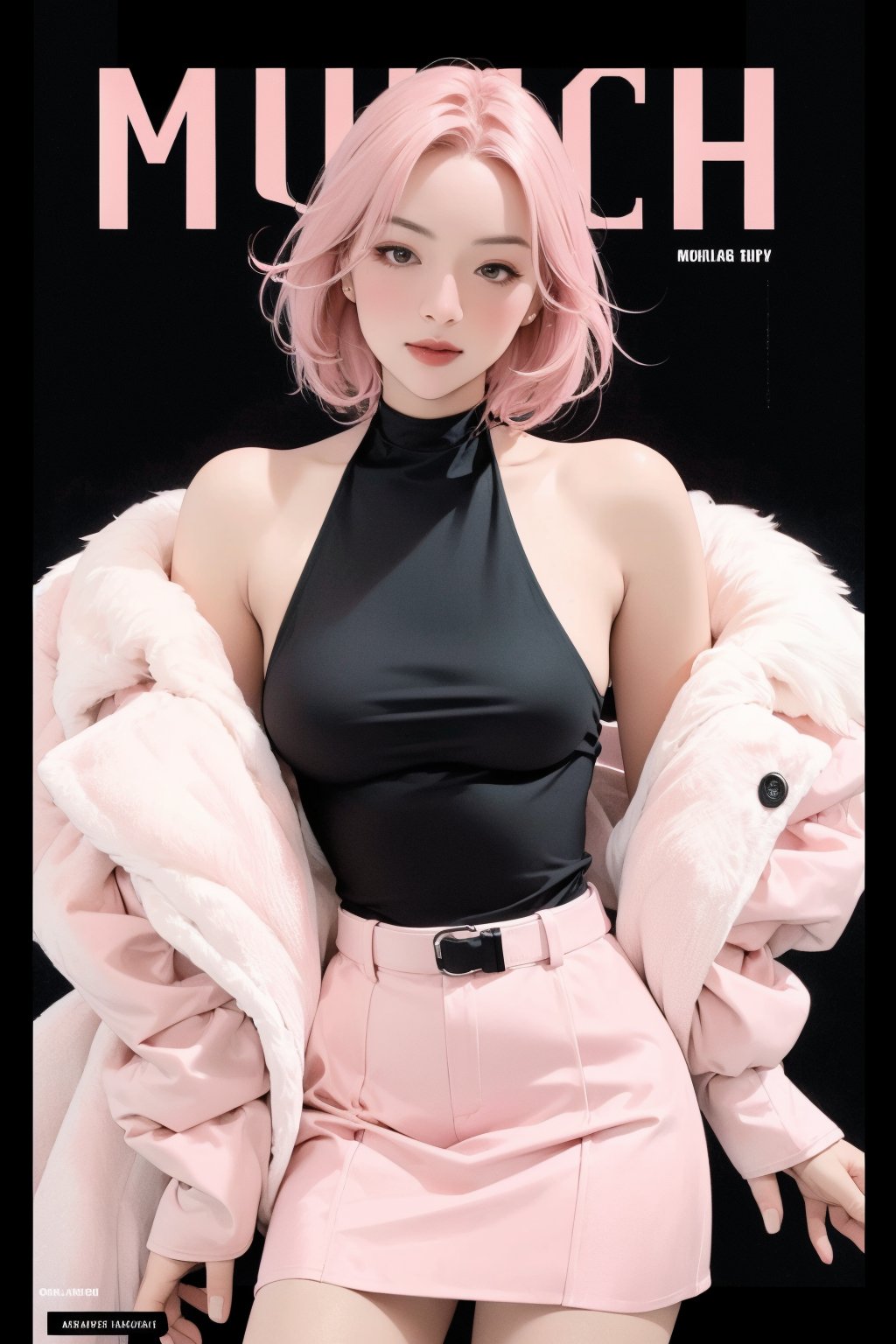 1girl, thigh up, looking at viewer, pink hair, styled clothes, ultra detail, accurate color reproduction, black background, best quality, professionally color graded, artwork, blurring effect, professional lighting, sanatw, magazine cover,sim