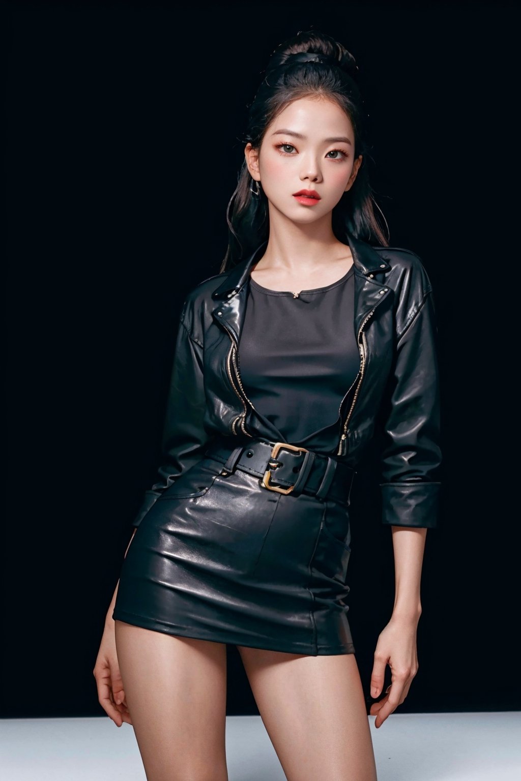 thigh up body, 1girl, looking at viewer, 
detailed clothing, styled, professional lighting, high quality, ultra detailed, highres, 8k, accurate color reproduction, dark plain color background, best quality, photo by Canon 5d, 50mm ZEISS lens, professionally color graded, sharp focus, natural lighting, wide angle, jennie,jennie,jisoo