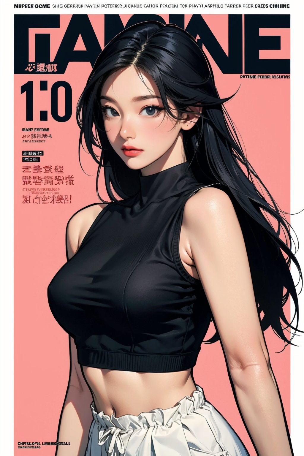 1girl, looking at viewer, styled clothes, turtle neck croptop, sleeveless, hairstyle, sharp focus, magazine cover, coloful background, 2D artstyle, outline, 

chimai,hine,hakil,yuong01,johyun