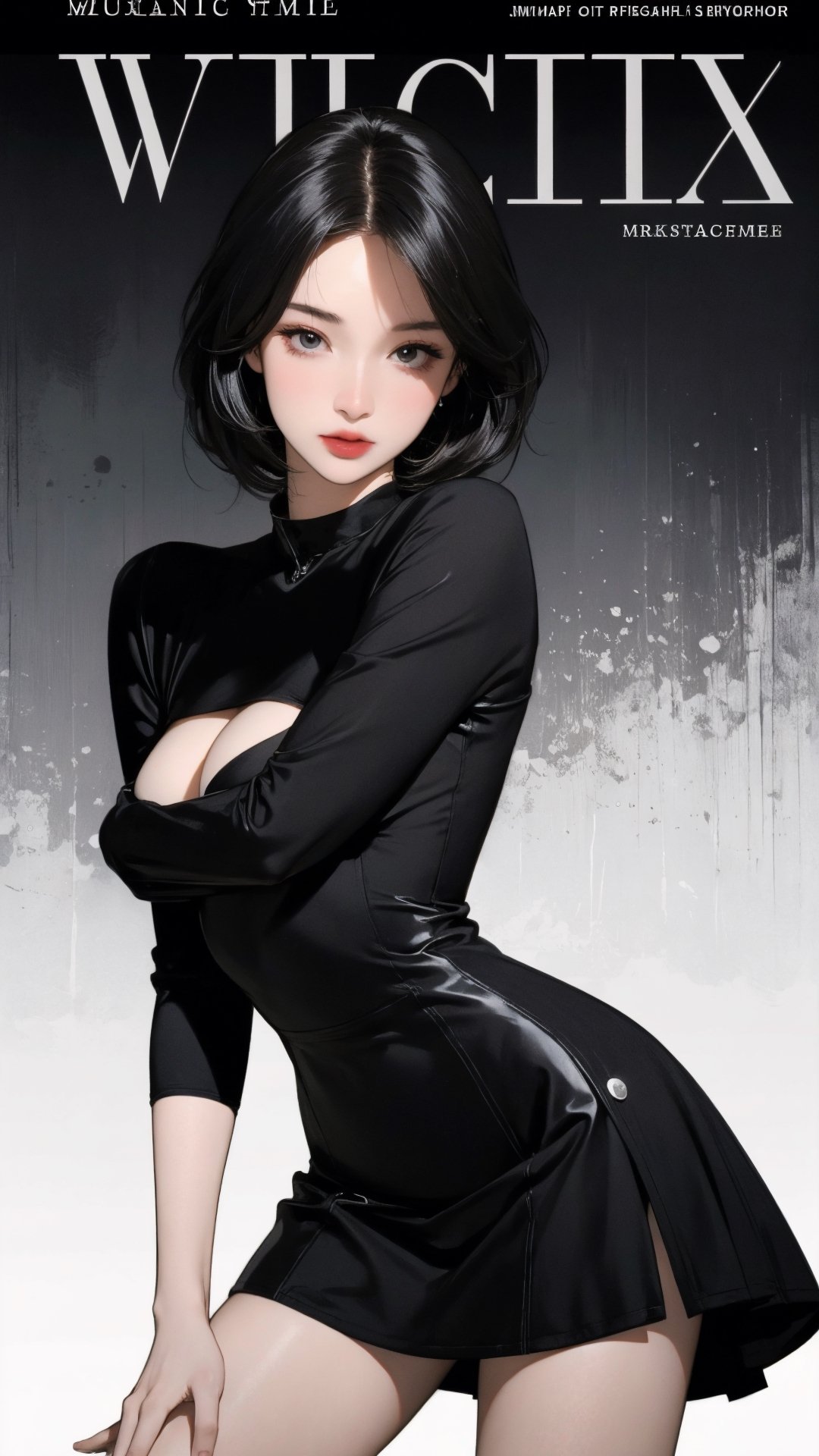 1girl, looking at viewer, thigh up body, sexy and elegant, black background, cutout clothing, hairstyle, cinematic composition, styled clothes,  ultra detailed, best quality, sharp focus, magazine cover, outline, 2D artstyle, htt