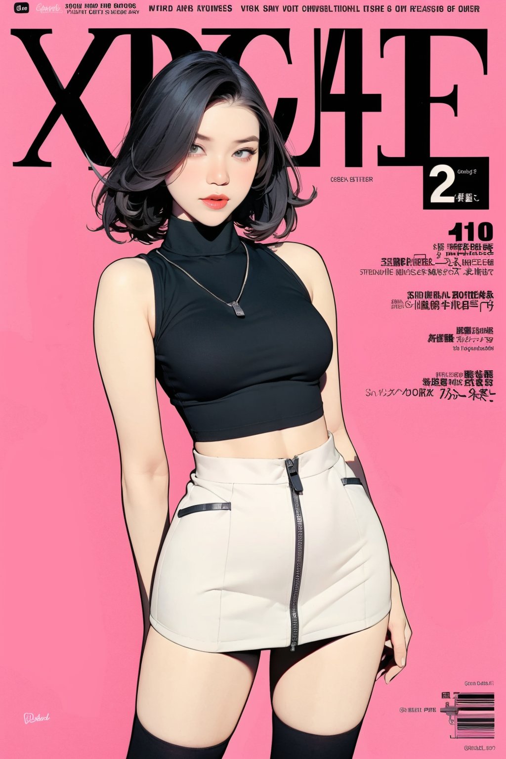 1girl, standing, looking at viewer, styled clothes, turtle neck croptop, sleeveless, zipped mini skirt, thighhighs, hairstyle, sharp focus, magazine cover, coloful background, 2D artstyle, outline, chimai,