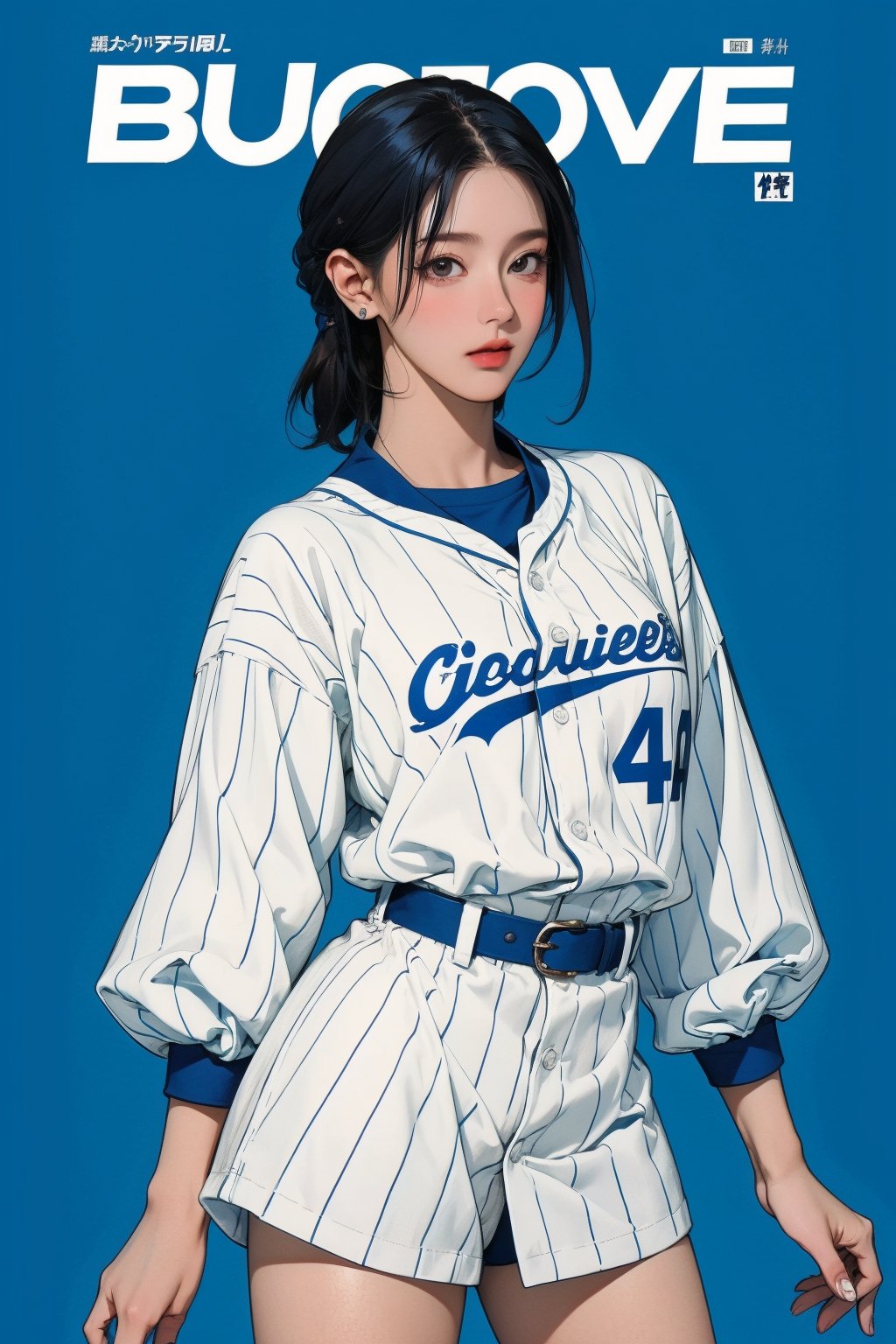 1girl, thigh up, looking at viewer, detailed clothes, baseball girl outfit, accurate color reproduction, best quality, professionally color graded, artwork, blurring effect, professional lighting, sanatw, magazine cover, blue background, jisoo,chimai,miyeon,aespakarina