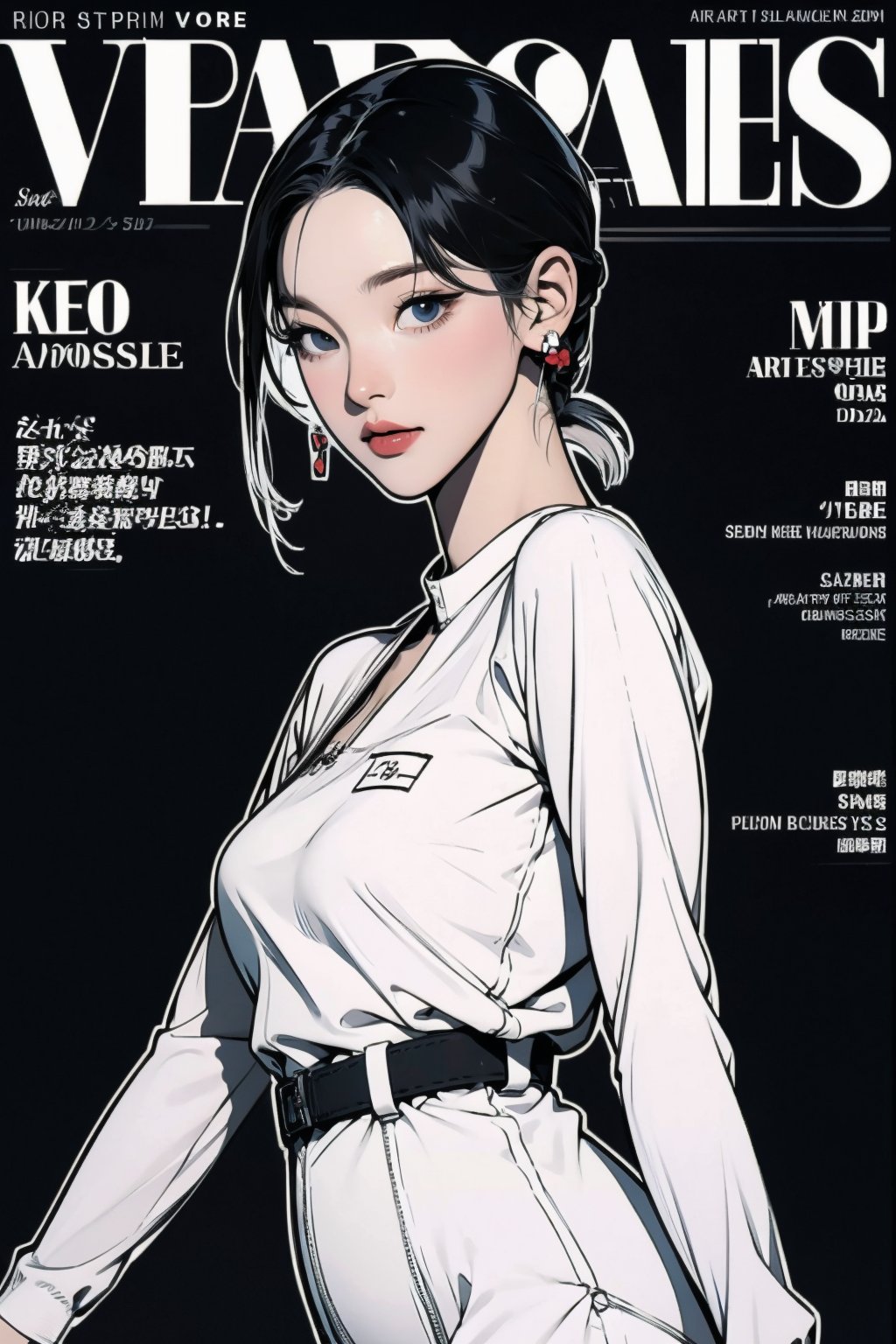 1girl, thigh up body, looking at viewer, styled clothes, hairstyle, aespakarina, magazine cover, earrings, ((2D artstyle, outline,))