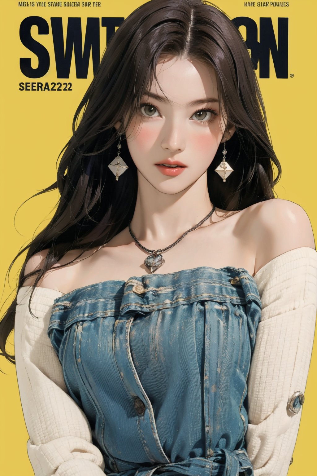 styled outfit, 1girl, looking at viewer, detailed clothes, earrings, sanatw, magazine cover, green background, 2D artstyle,