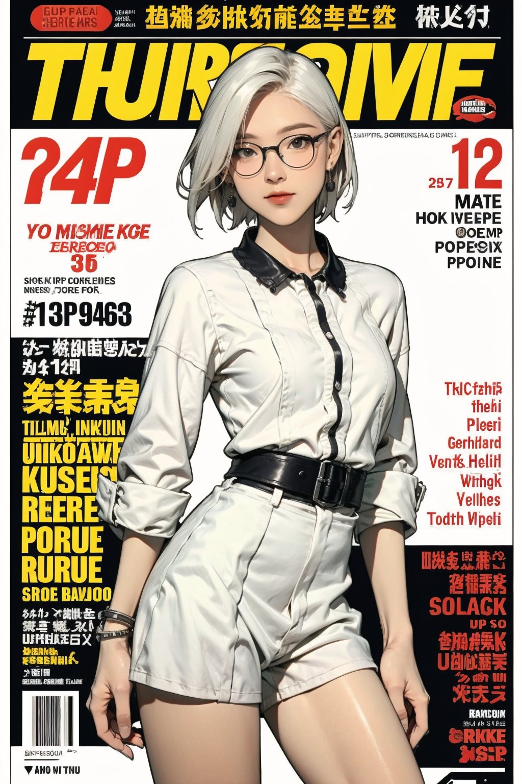 1girl, white hair, bracelets, ((thigh up body, standing,)) looking at viewer, hairstyle, earrings, intricate background, magazine cover, headphone, eyeglasses, mthanhh