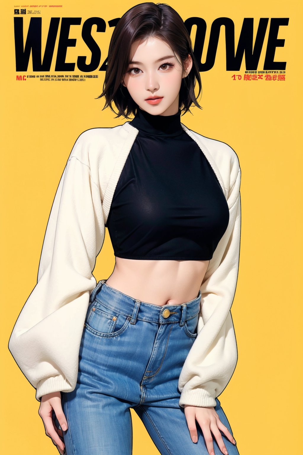 1girl, thigh up body, detailed clothes, kpop idol, turtle_neck_croptop, long_wide_sleeves_loose_jeans, looking at viewer, sharp focus, magazine cover, yellow background, ((outline,)) chimai, aespakarina,sanatw