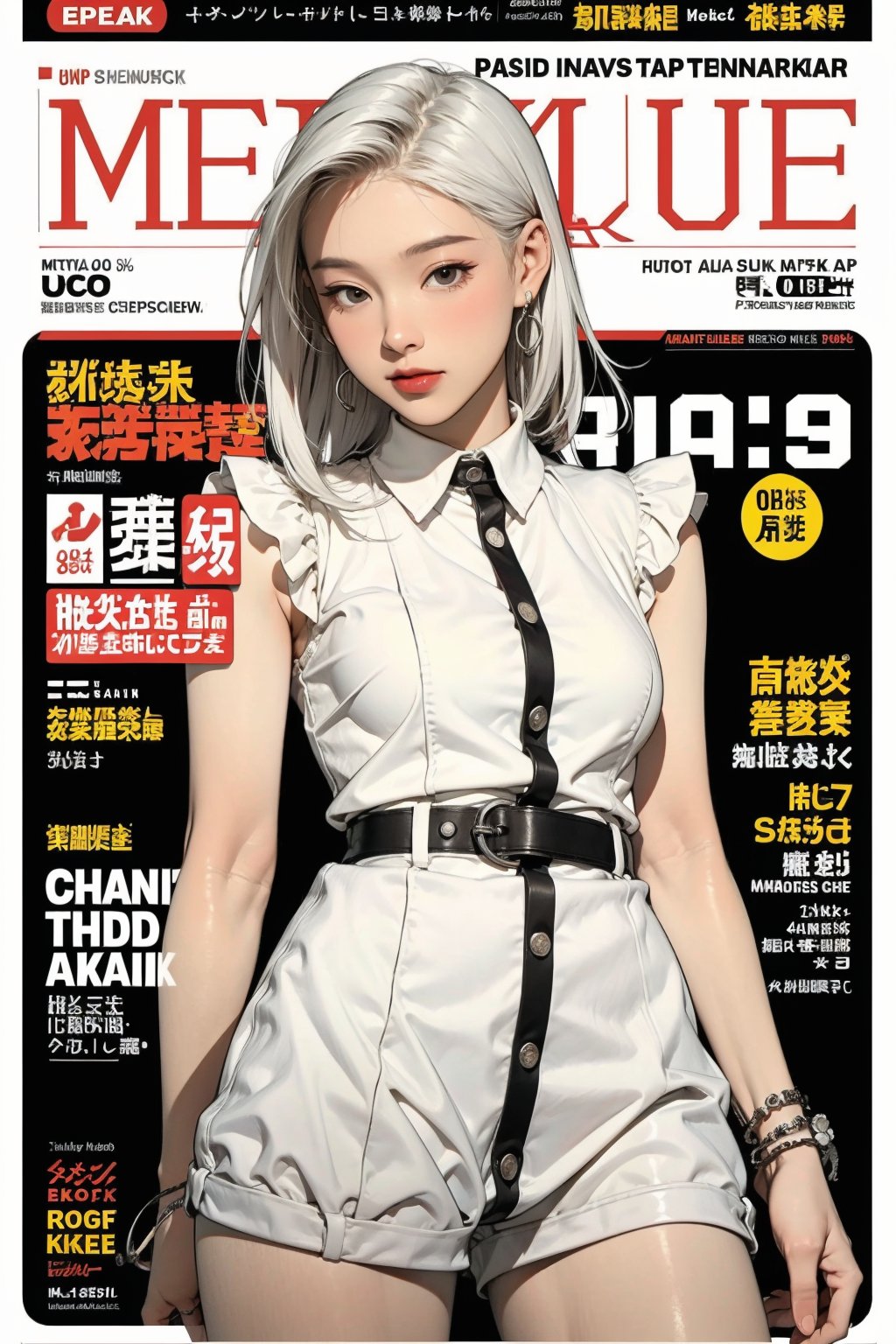 1girl, white hair, bracelets, ((thigh up body,)) looking at viewer, hairstyle, earrings, intricate background, magazine cover, aespakarina, headphone,mthanhh