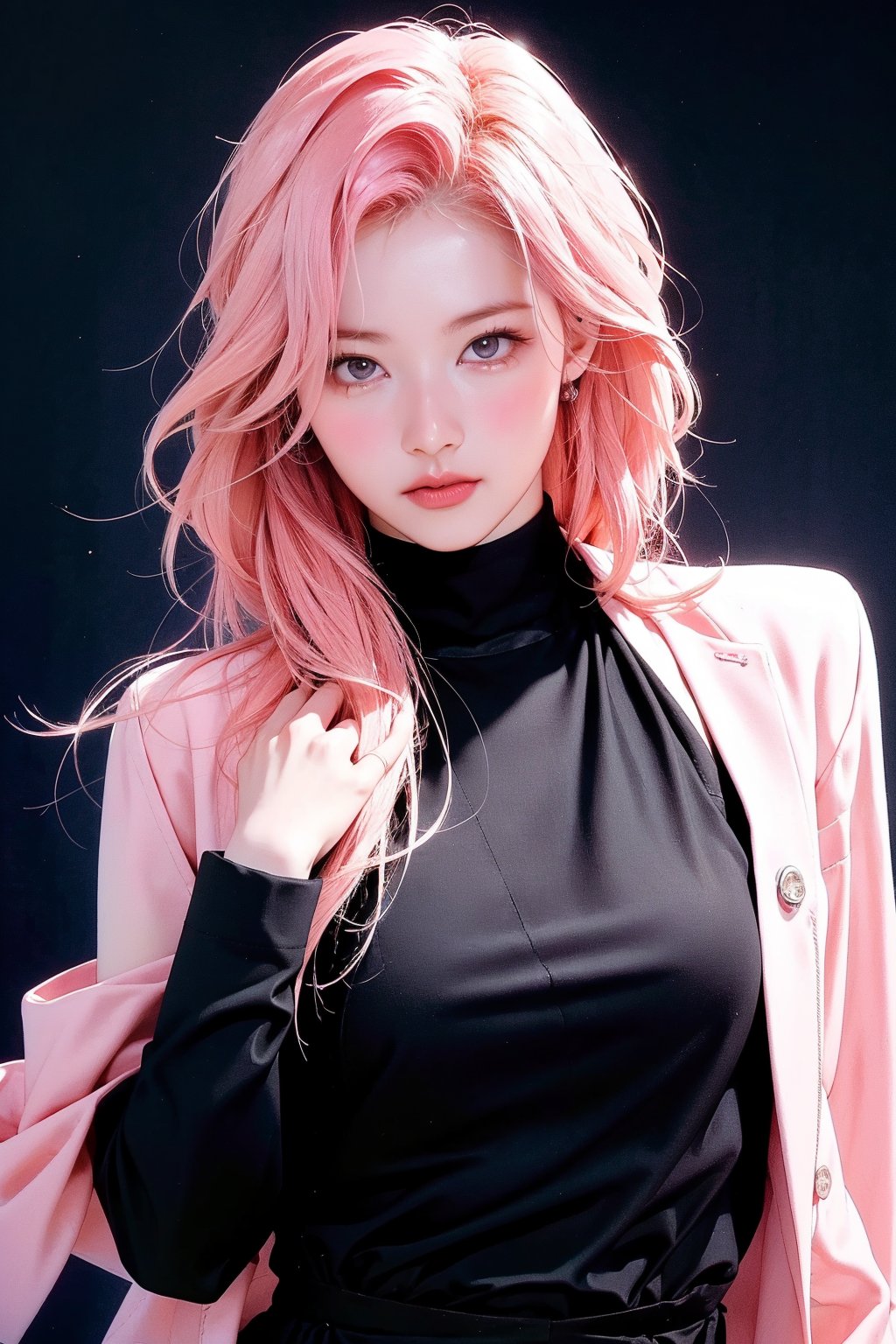 1girl, hip up, looking at viewer, pink hair, styled outfit, ultra detail, accurate color reproduction, black background, best quality, professionally color graded, wide angle, artwork, blurring effect, professional lighting, cinematic, sanatw