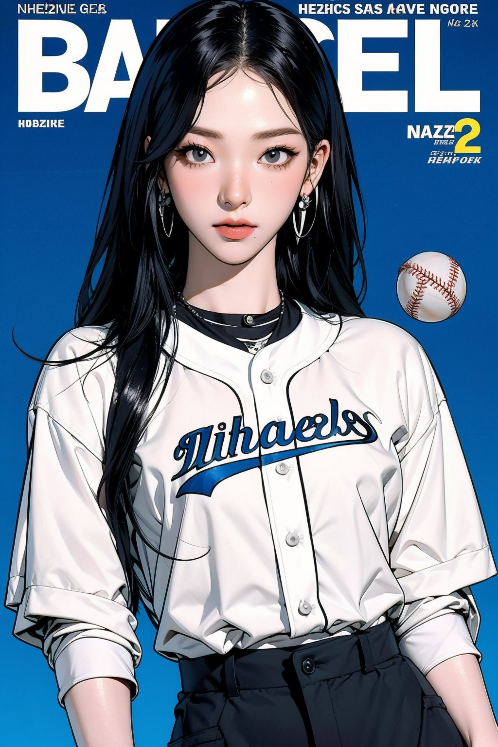 1girl, ((baseball girl outfit,)) hip up, detailed clothes, earrings, looking at viewer, aespakarina, magazine cover,