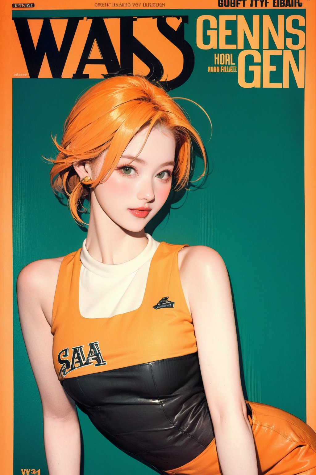 tennis girl outfit, 1girl, thigh up body, orange hair, looking at viewer, hairstyle, detailed clothes, earrings, sanatw, magazine cover, green background,