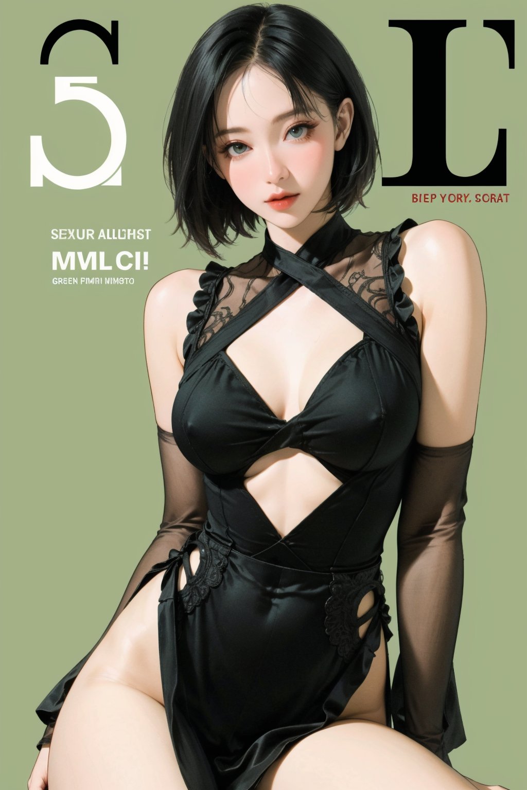 lustful, allure, sexy, 1girl, thigh up body, looking at viewer, translucent, intricate clothes, cutout clothes, cinematic lighting, different hairstyle, magazine cover, green background, sim, kmiu