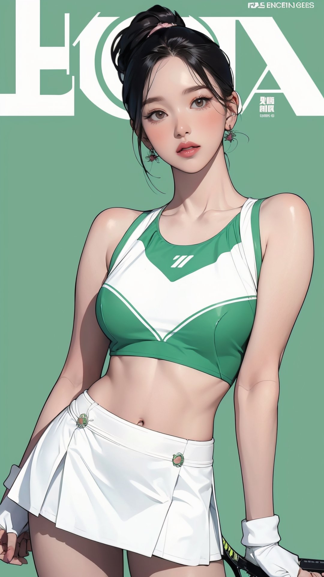 1girl, standing, thigh up body, ((looking at viewer, tennis girl outfit, center opening,)) 2D artstyle, magazine cover, outline, earings, blush, green background, hairstyle, ultra detailed, best quality, sharp focus, ,DiaSondef,sophiesw,Mia ,Anna ,mthanhh,minatw