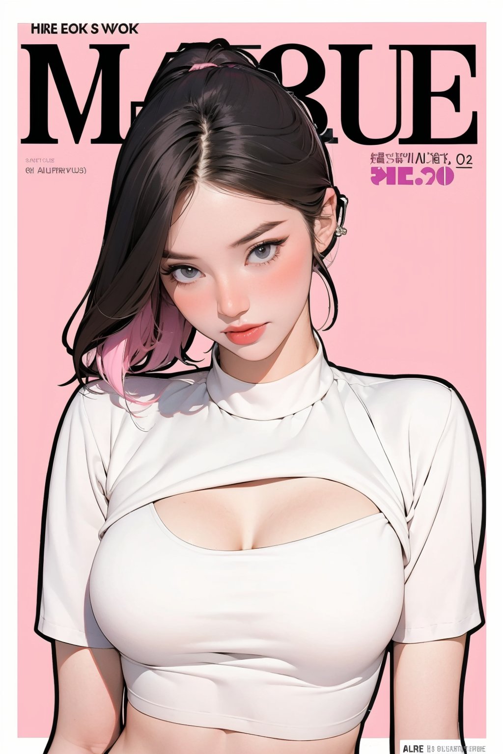 allure, 1girl, hip up body, styled clothes, cutout clothes, hairstyle, looking at viewer, sharp focus, magazine cover, coloful background, ((2D artstyle, outline,)) chimai,