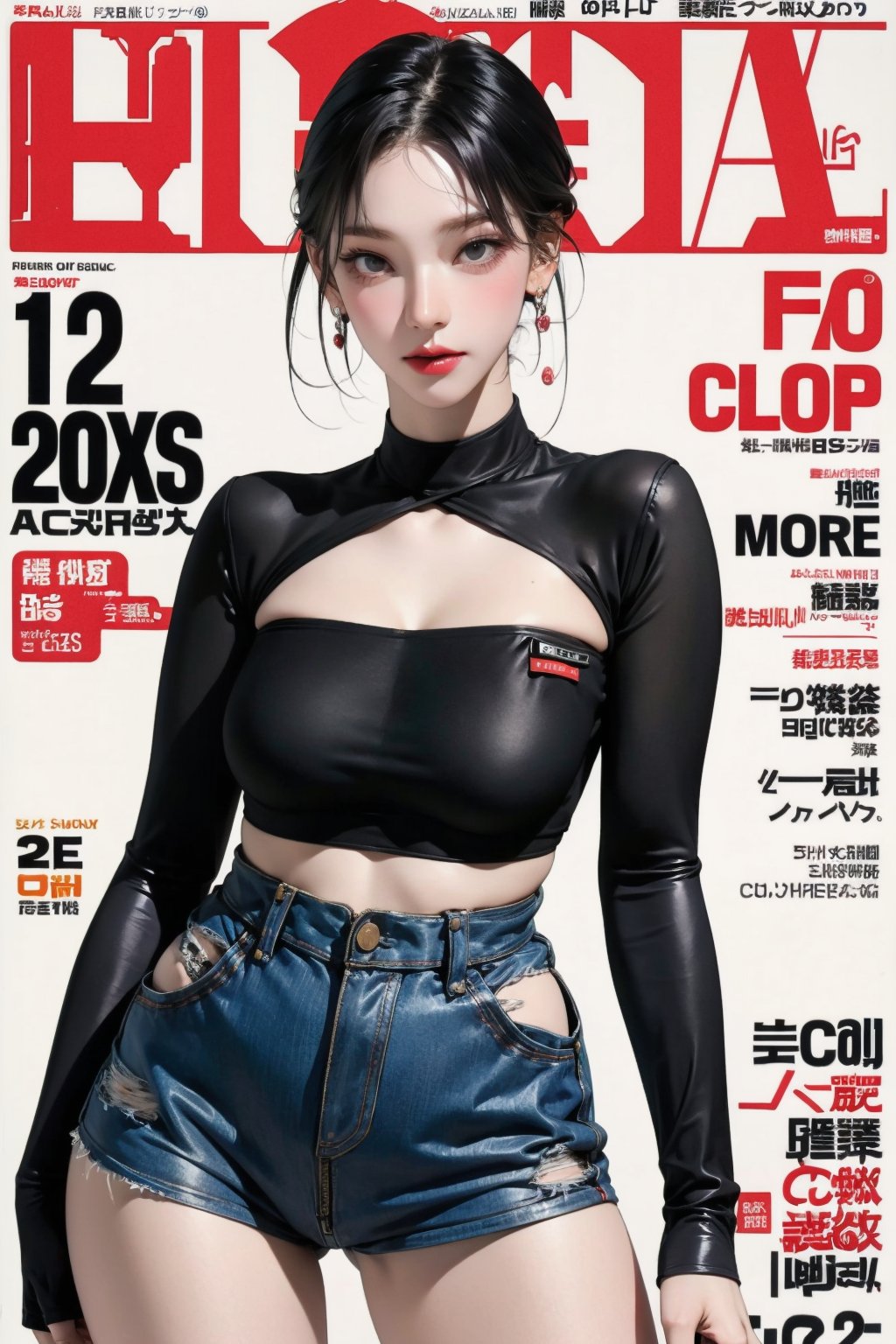 1girl, thigh up body, standing, looking at viewer, styled clothes, hairstyle, aespakarina, magazine cover, earrings, 